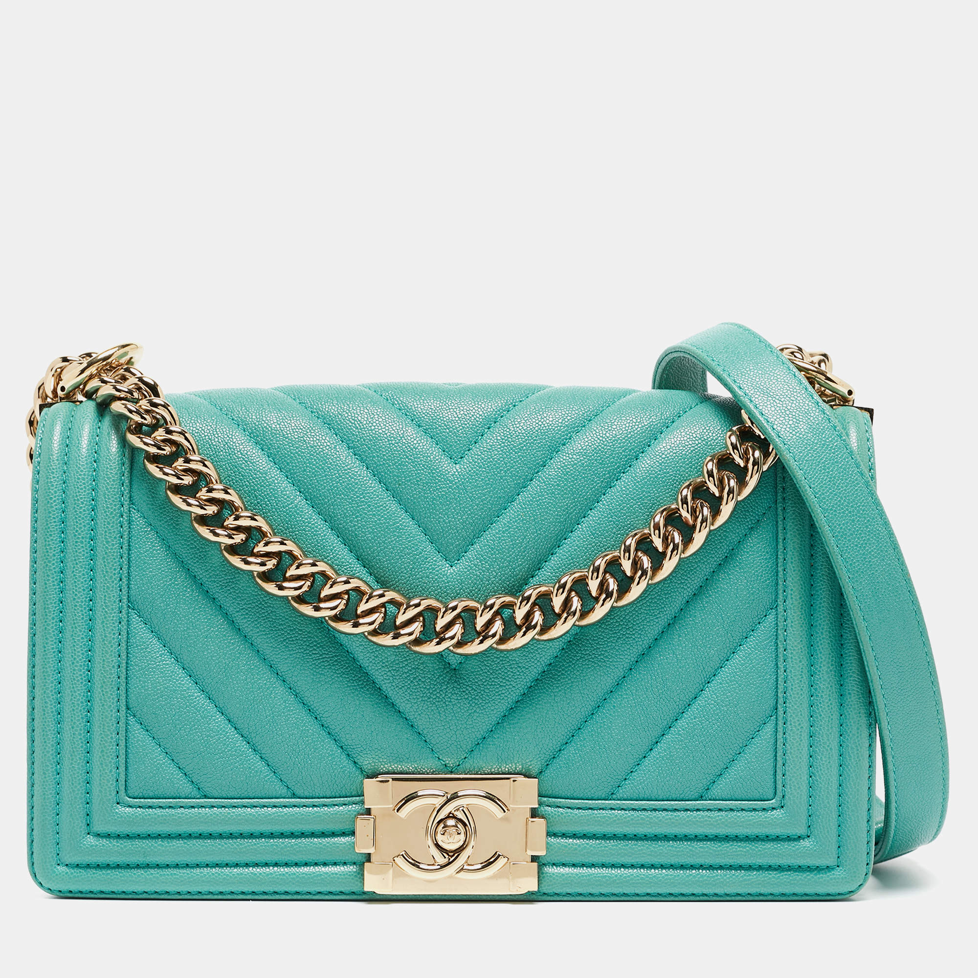 Pre Owned Chanel Aqua Green Chevron Caviar Leather Medium Boy Flap Bag