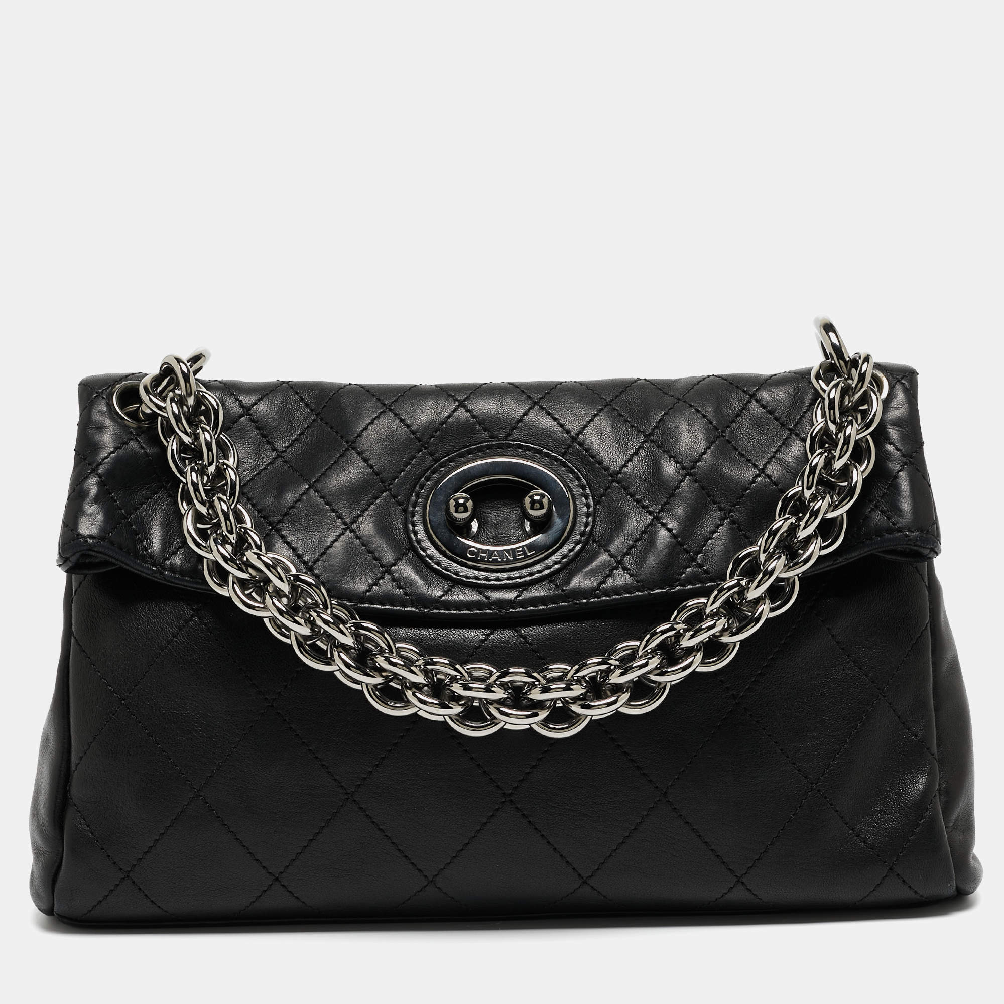 Pre Owned Chanel Black Quilted Leather Bijoux Ring Chain Hobo