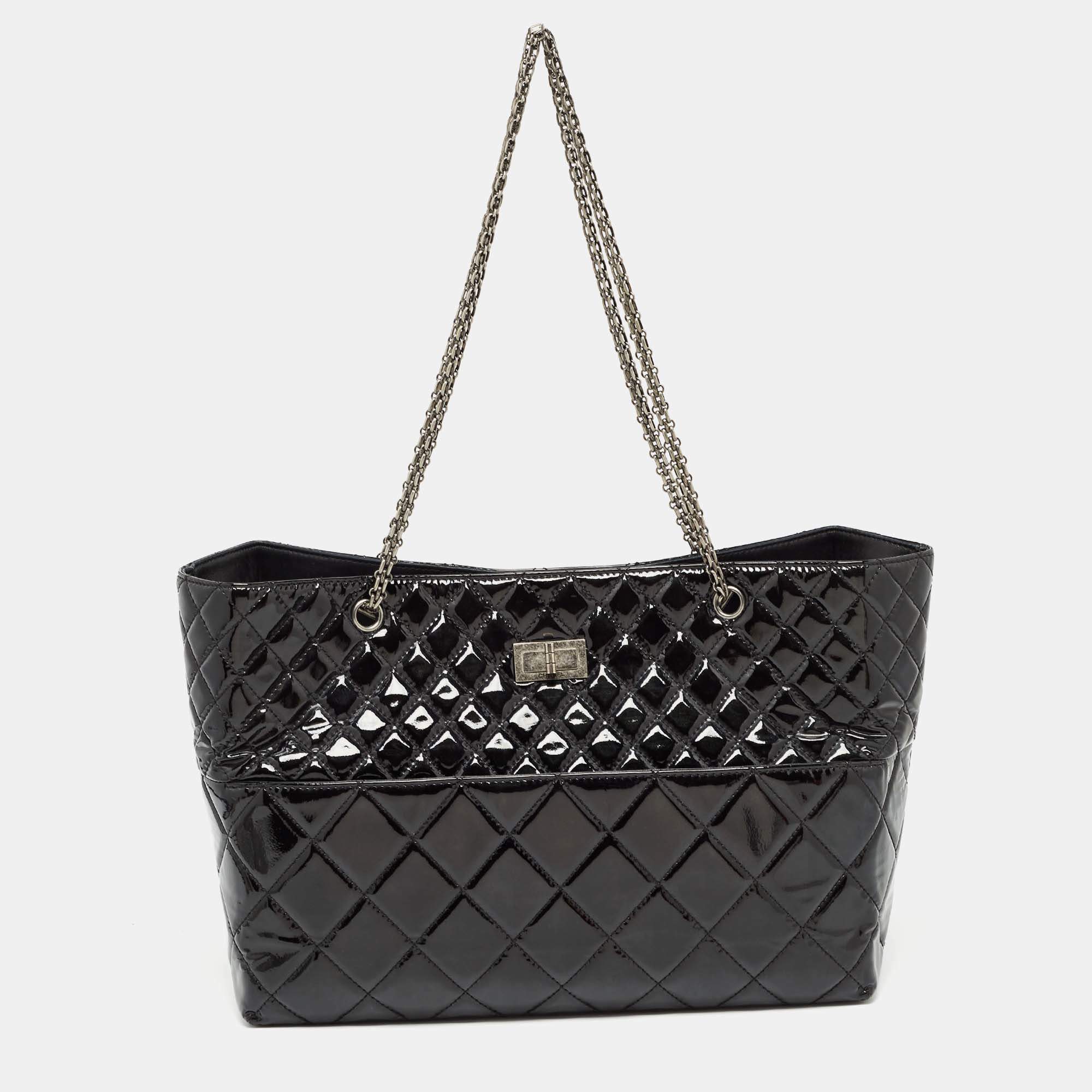 Pre Owned Chanel Black Quilted Patent Leather Reissue East West Tote