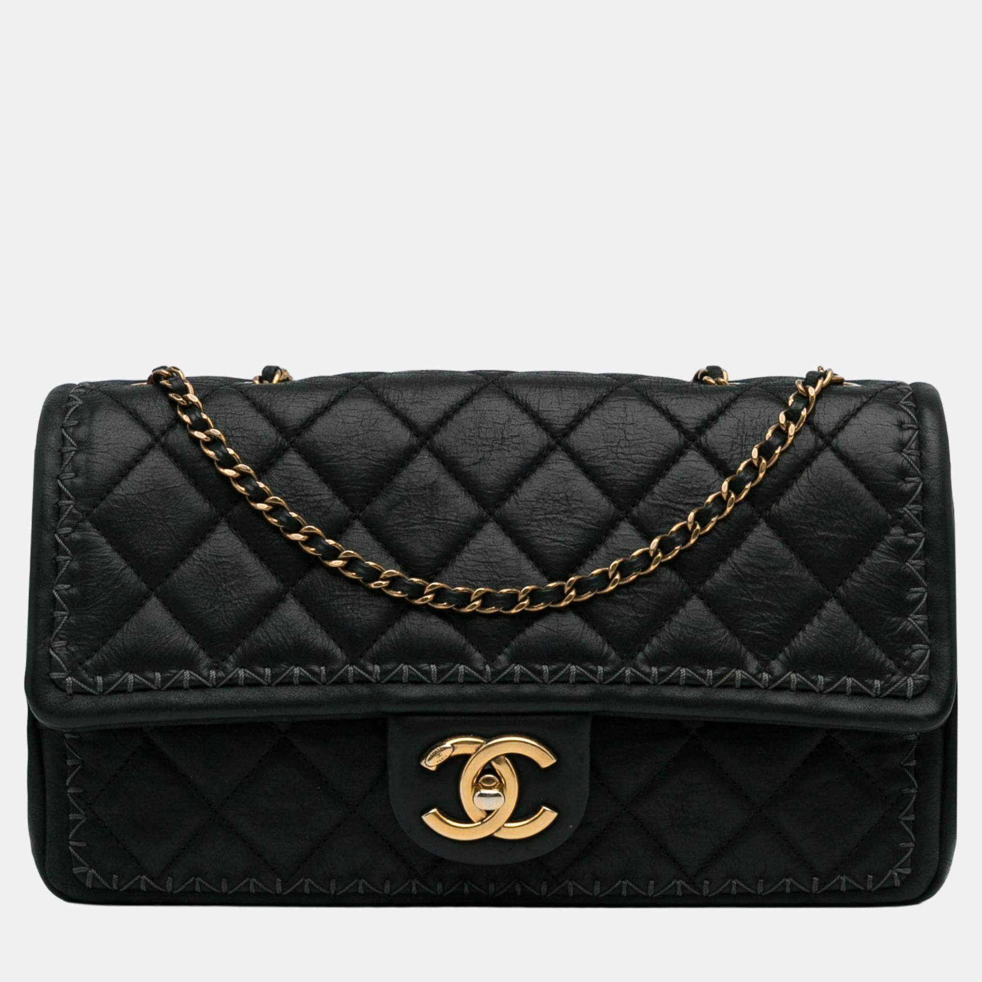 Pre Owned Chanel Black Quilted Lambskin Stitch Single Flap