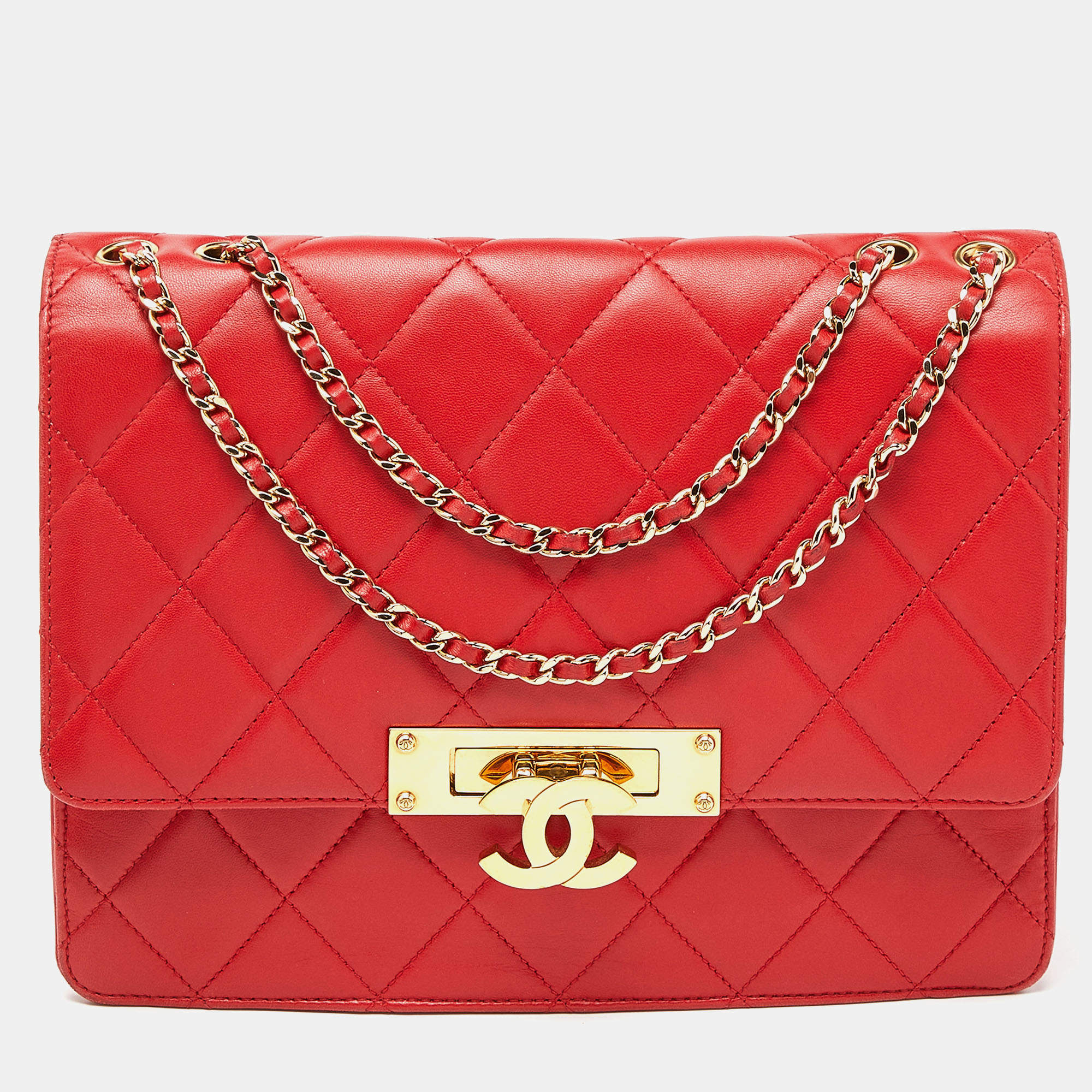 Pre Owned Chanel Red Quilted Leather Class Flap Shoulder Bag