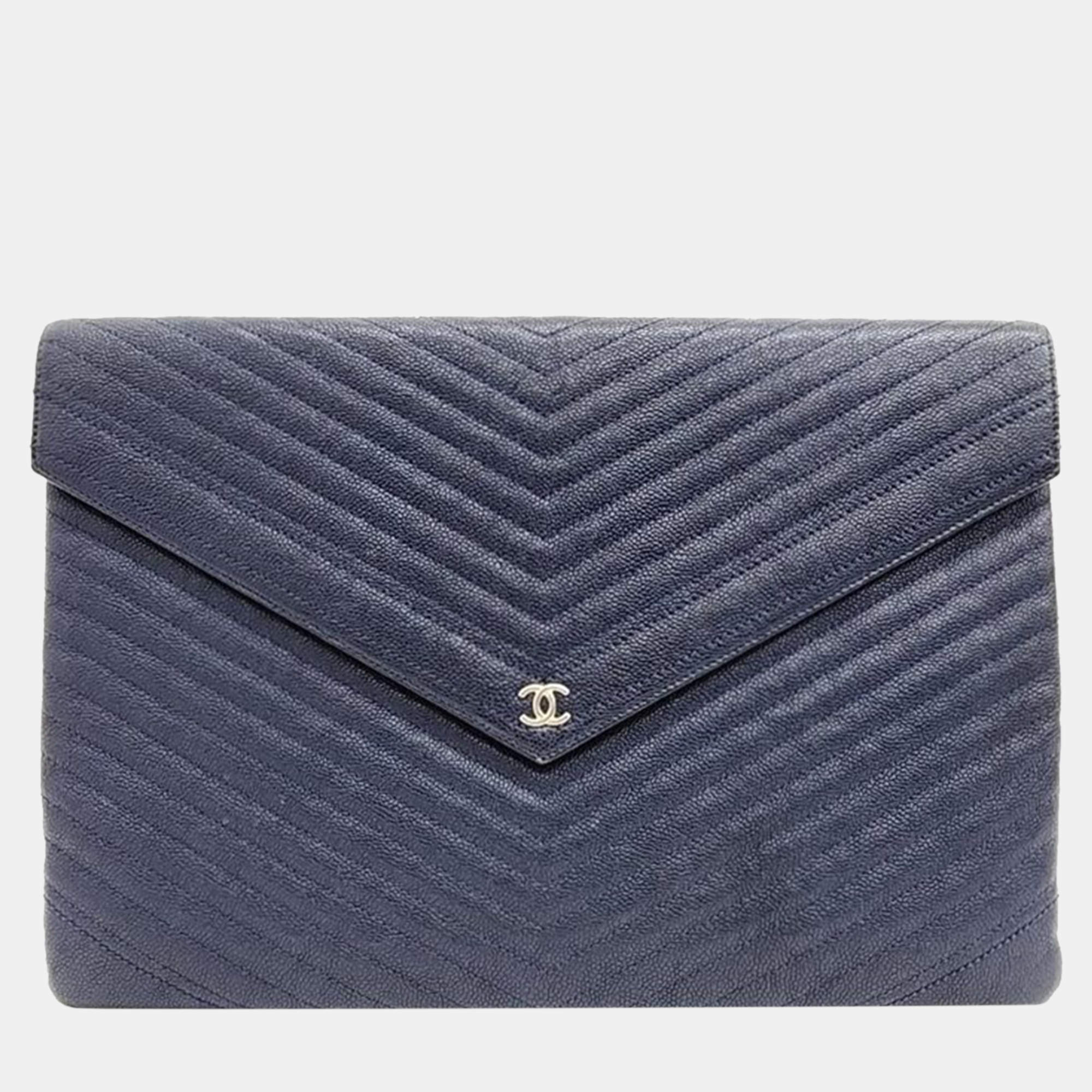 Pre Owned Chanel Blue Calfskin Chevron Quilted Small Envelope Clutch 