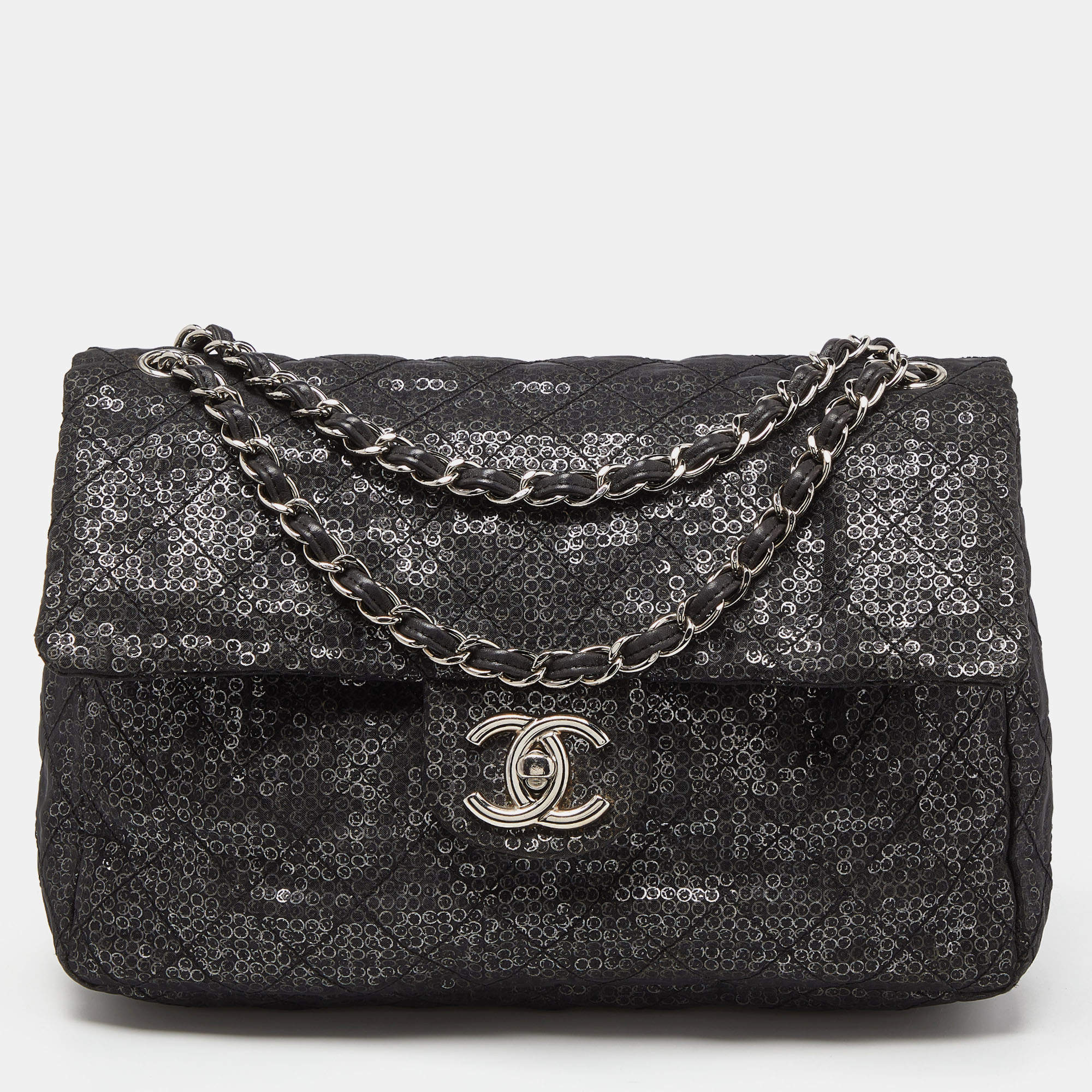 Pre Owned Chanel Black Mesh and Sequins Jumbo Classic Flap Bag