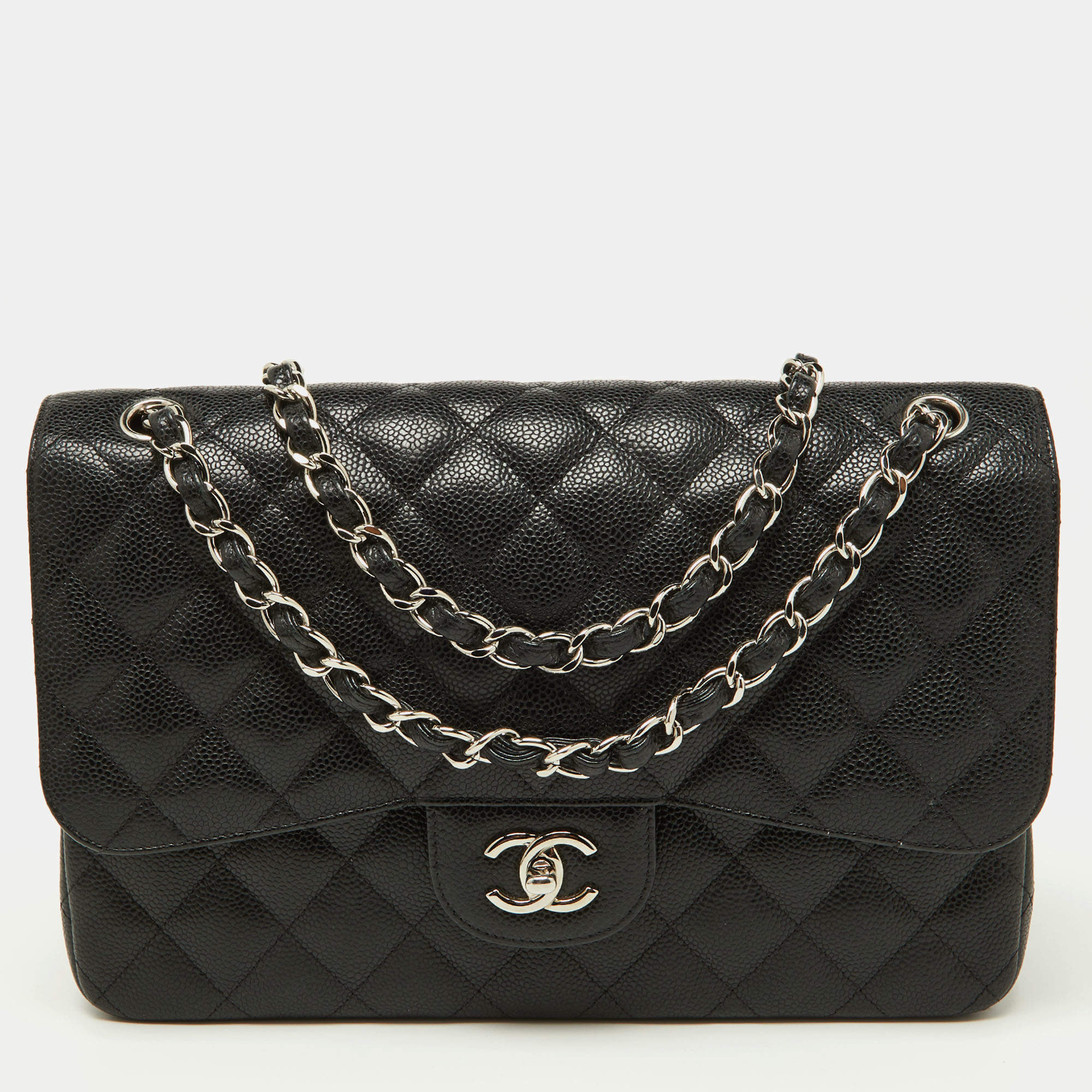 Chanel Black Quilted Caviar Leather Jumbo Classic Double Flap Bag