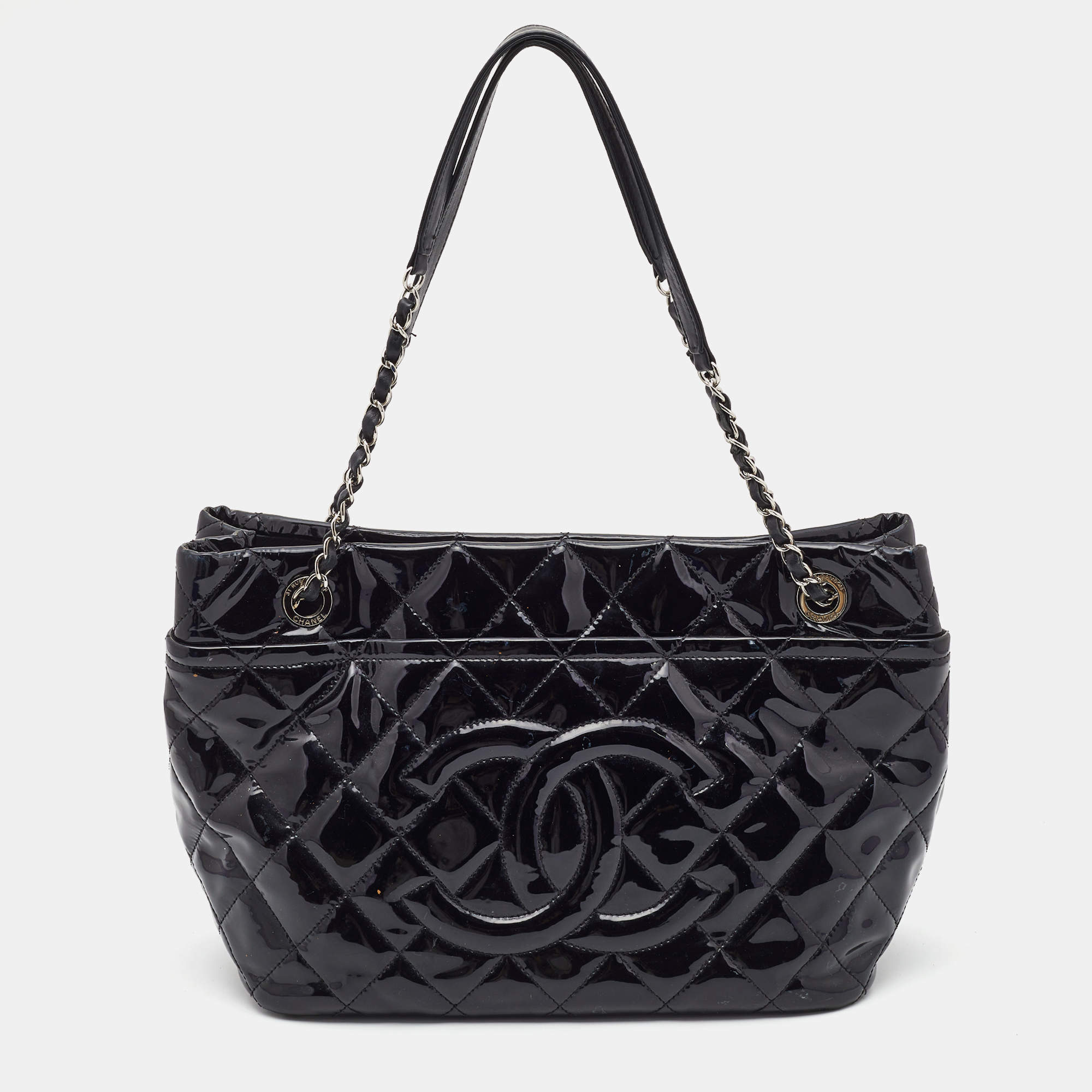 Pre Owned Chanel Black Quilted Patent Leather CC Timeless Tote