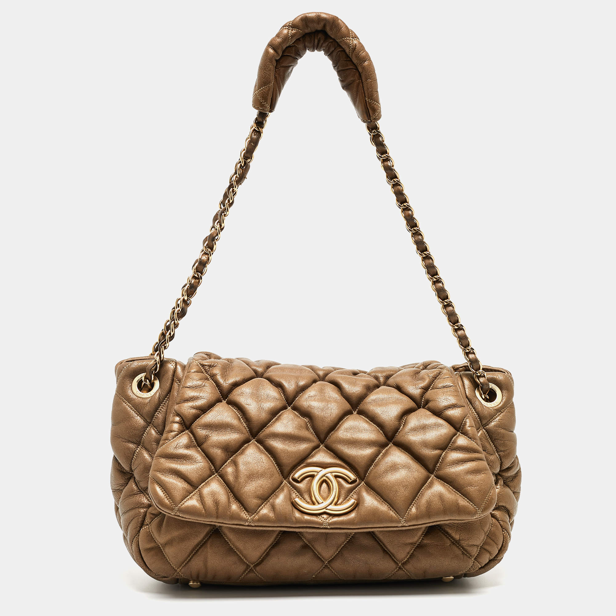 Pre Owned Chanel Olive Green Quilted Leather Bubble Accordion Flap Bag