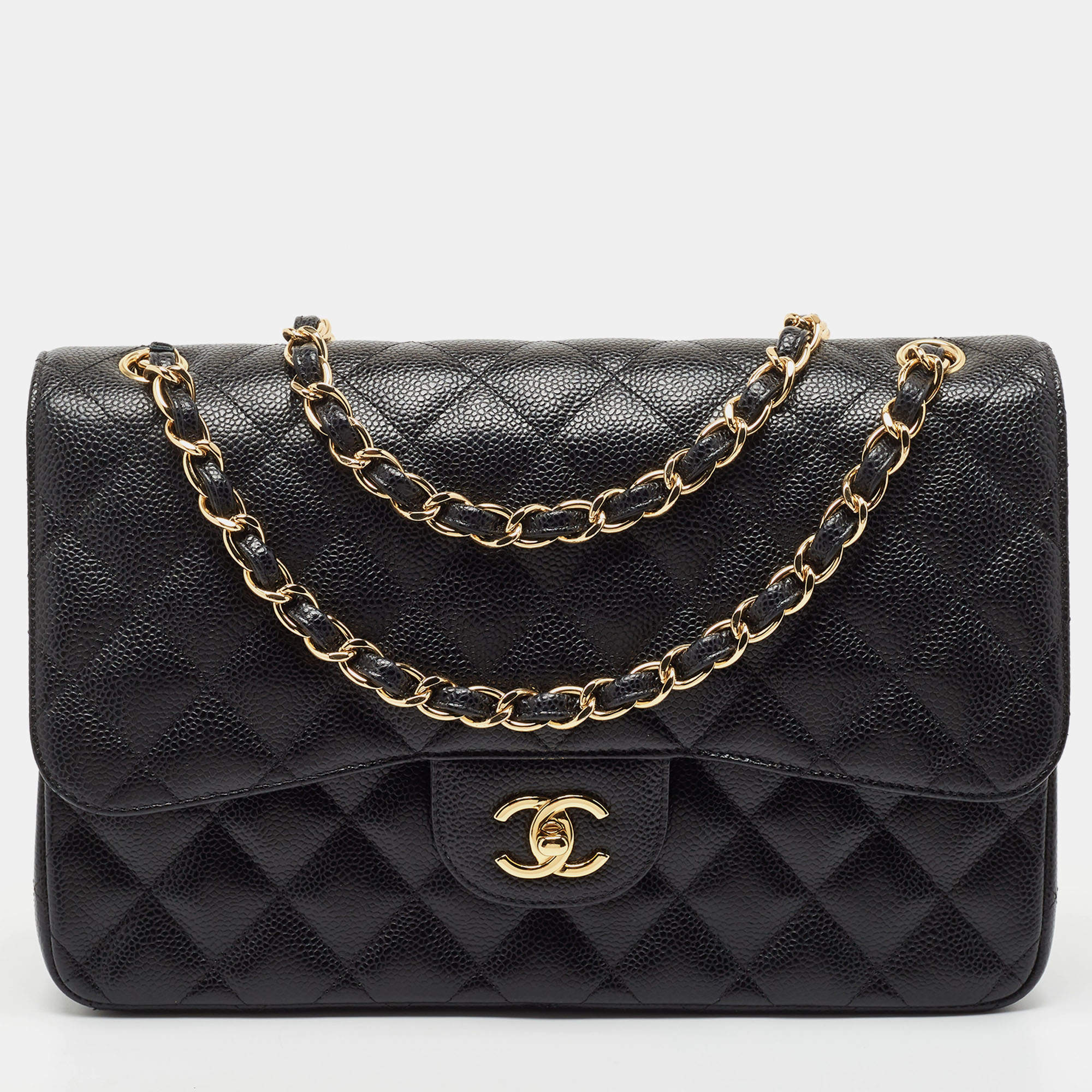 Pre Owned Chanel Black Quilted Caviar Leather Jumbo Classic Double Flap Bag