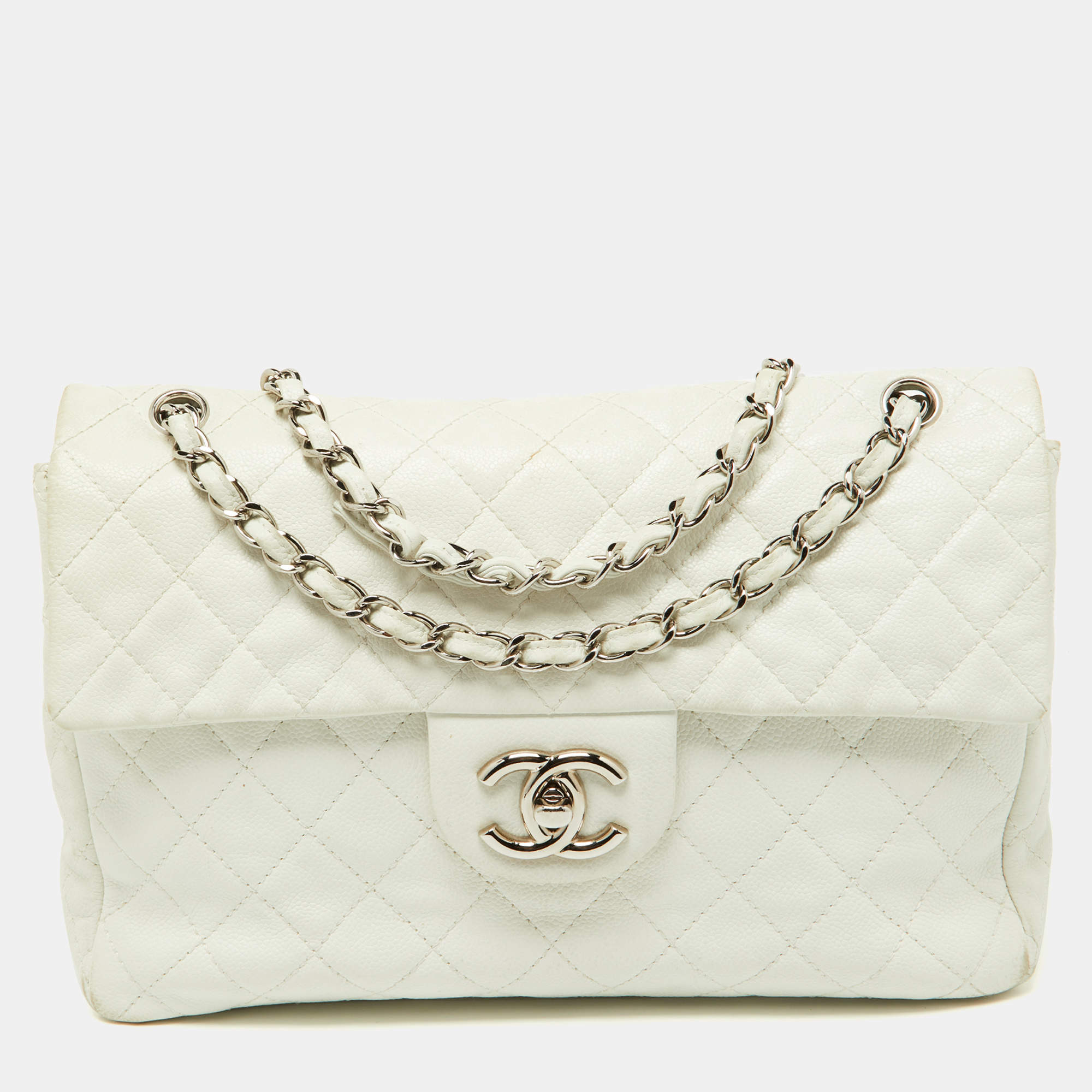 Chanel Off White Quilted Caviar Leather Maxi Classic Single Flap Bag