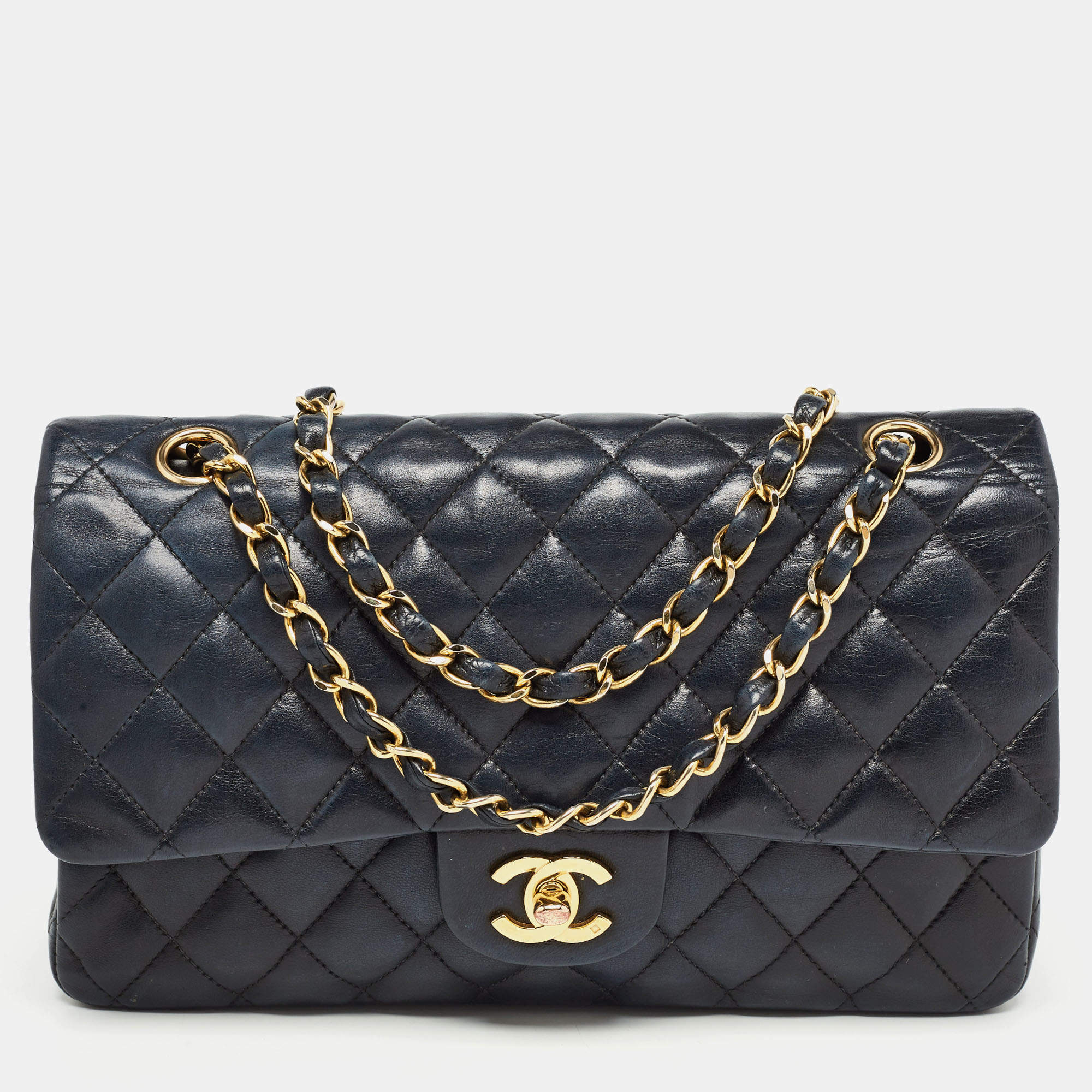 Pre Owned Chanel Navy Blue Quilted Leather Medium Classic Double Flap Bag