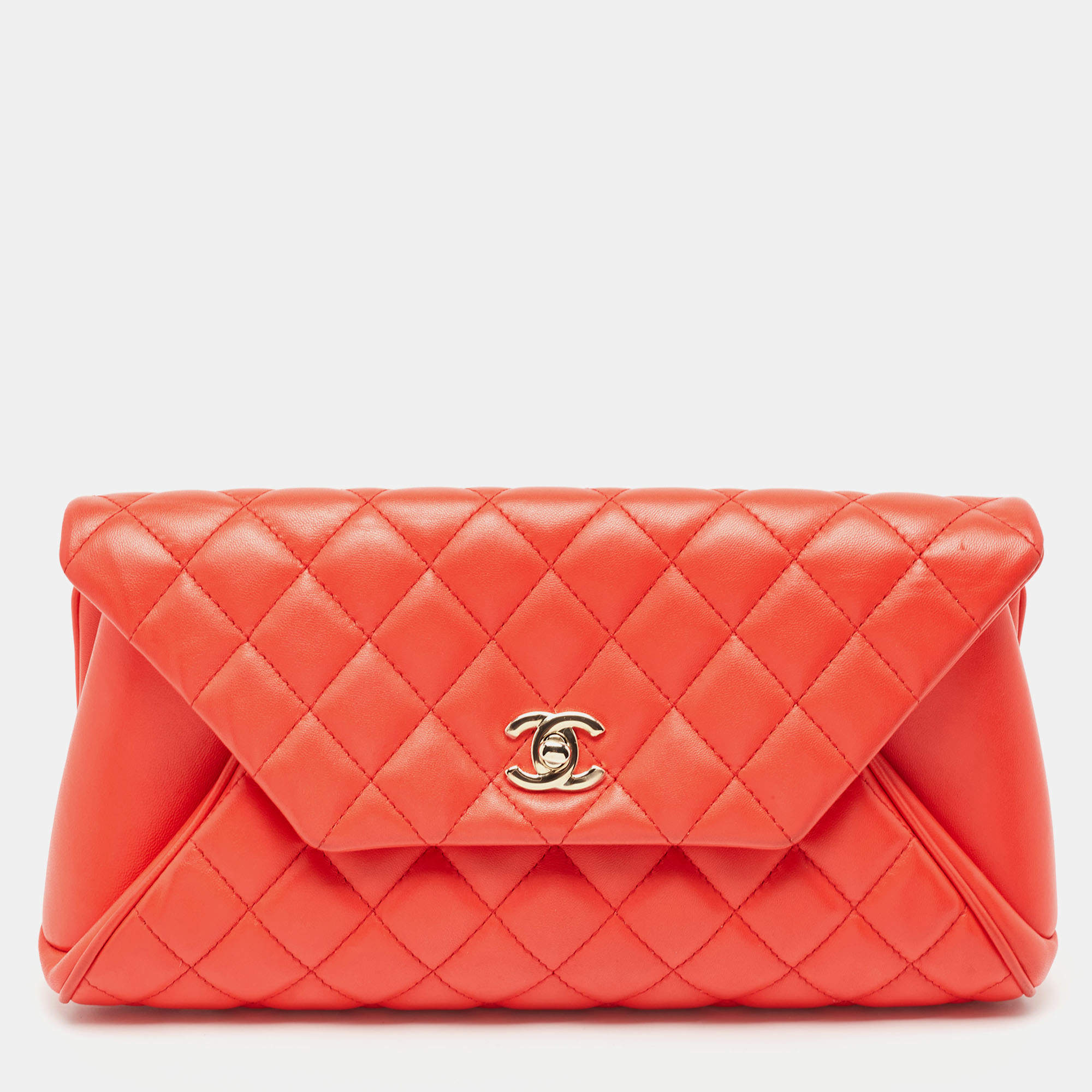 Pre Owned Chanel Red Quilted Lambskin Leather Fold Up Again Clutch