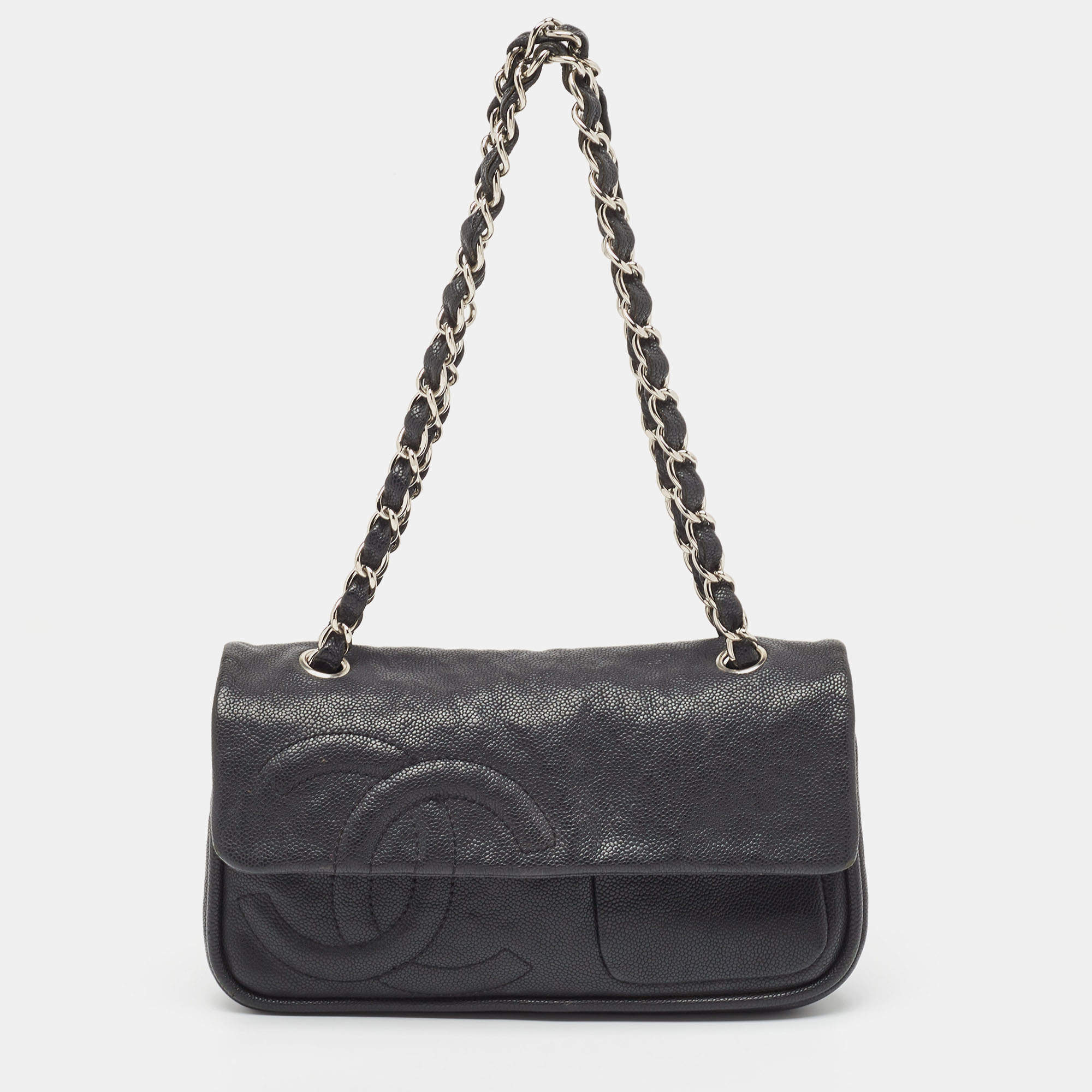 Pre Owned Chanel Black Caviar Leather CC Flap Bag