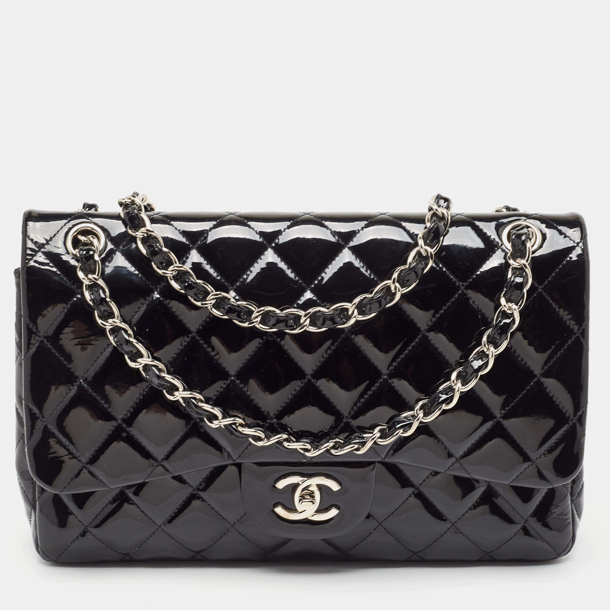 Pre Owned Chanel Black Quilted Patent Leather Jumbo Classic Double Flap Bag