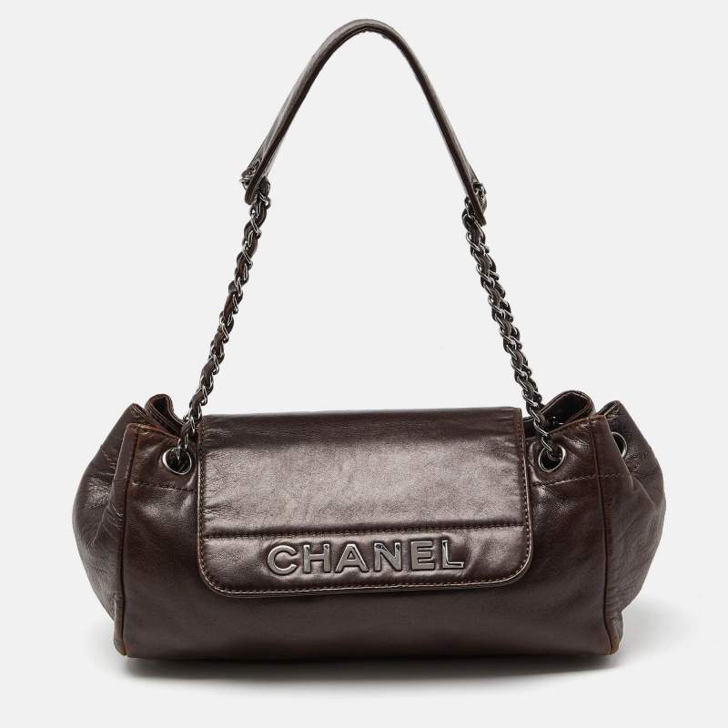 Pre Owned Chanel Dark Brown Leather LAX Accordion Flap Bag