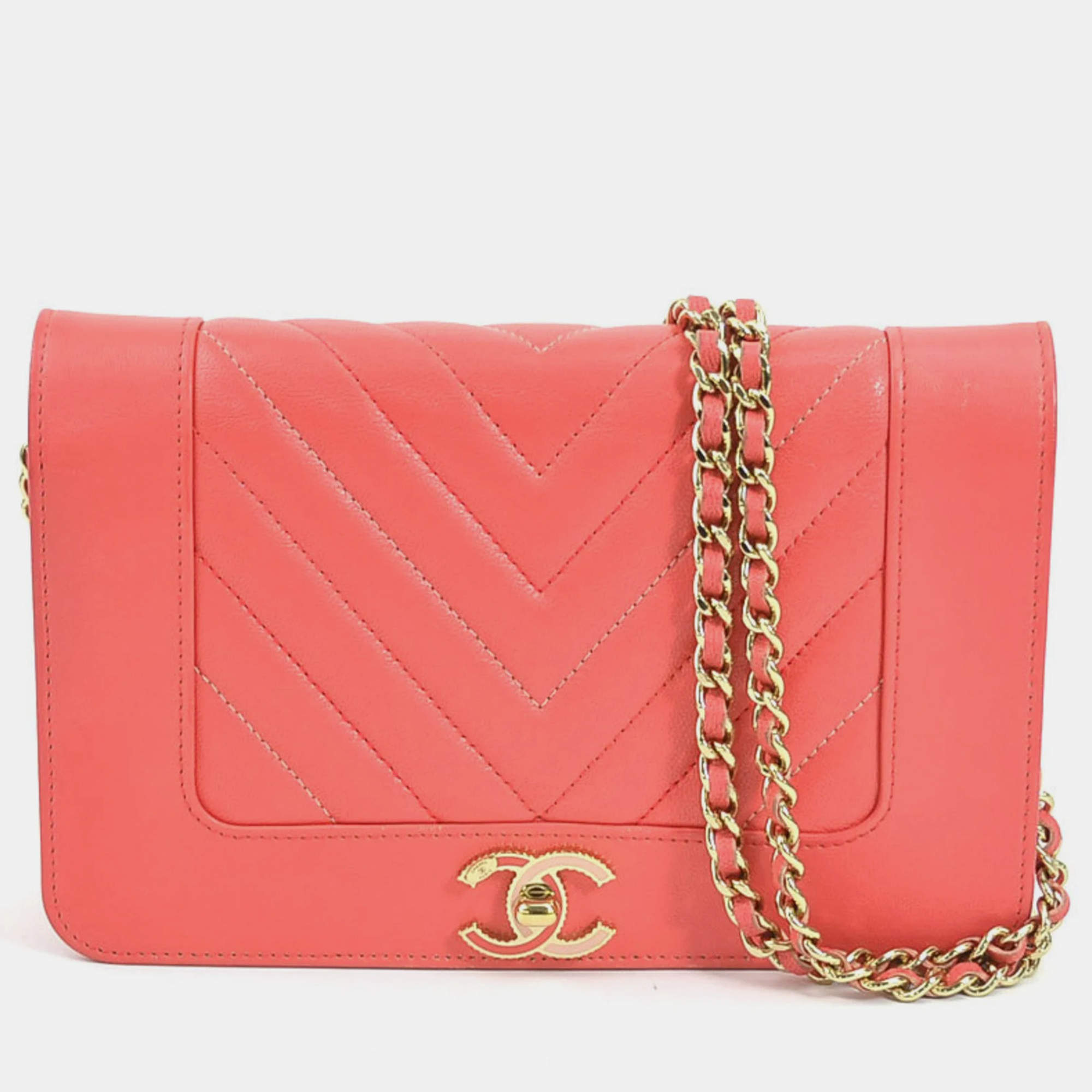 CHANEL Coral Leather Mademoiselle Vintage Wallet On Chain