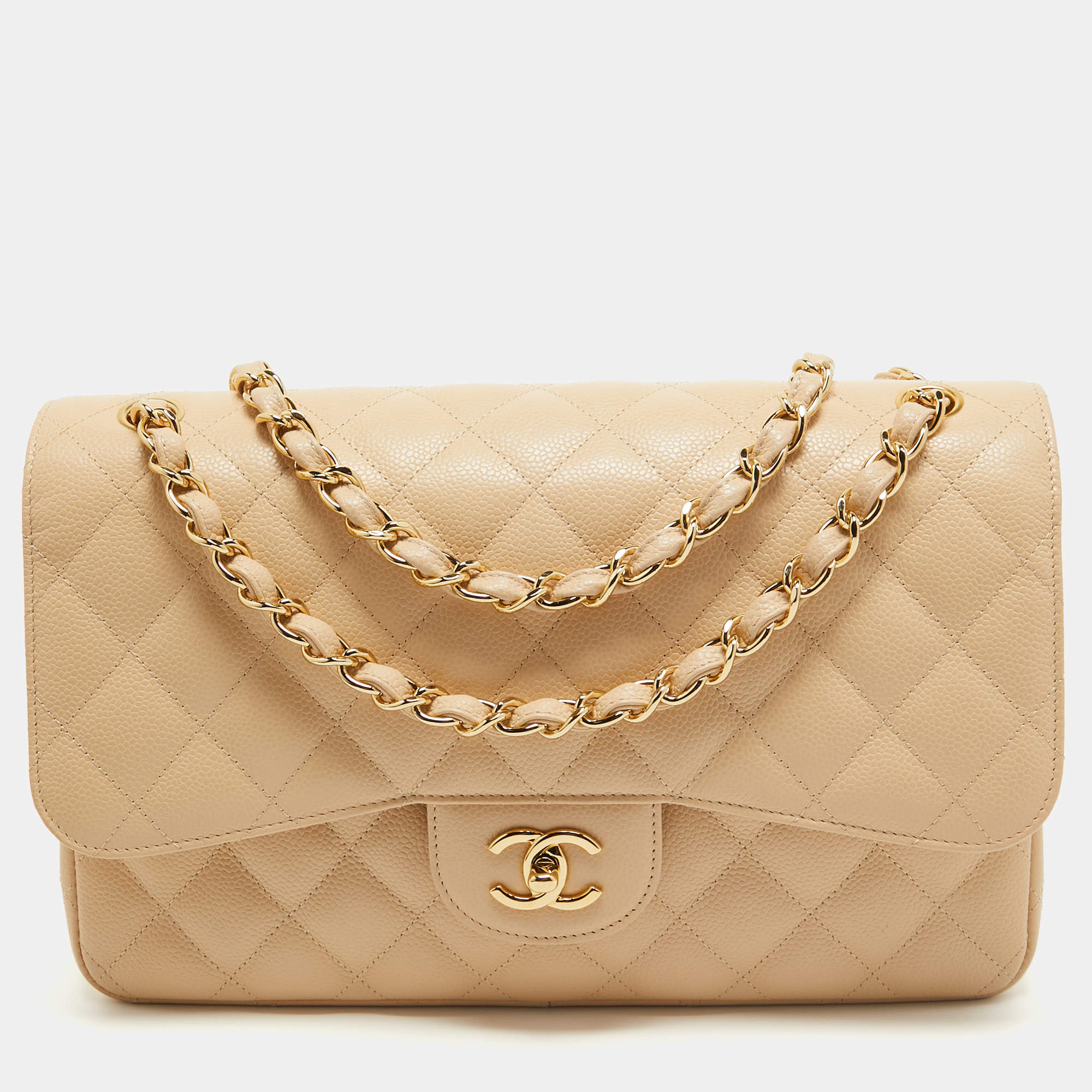 Pre Owned Chanel Light Beige Quilted Caviar Leather Jumbo Classic Double Flap Bag