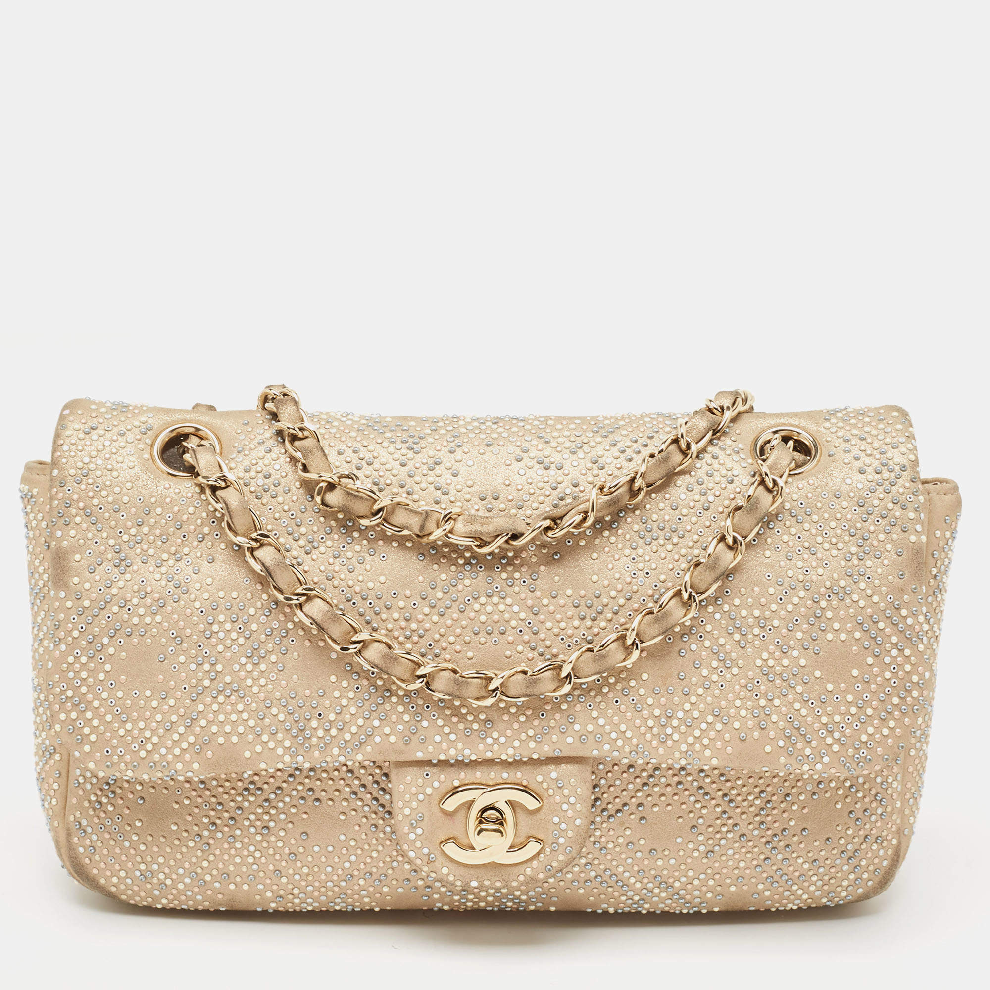 Pre Owned Chanel Beige Iridescent Leather Medium Beaded Classic Single Flap Bag