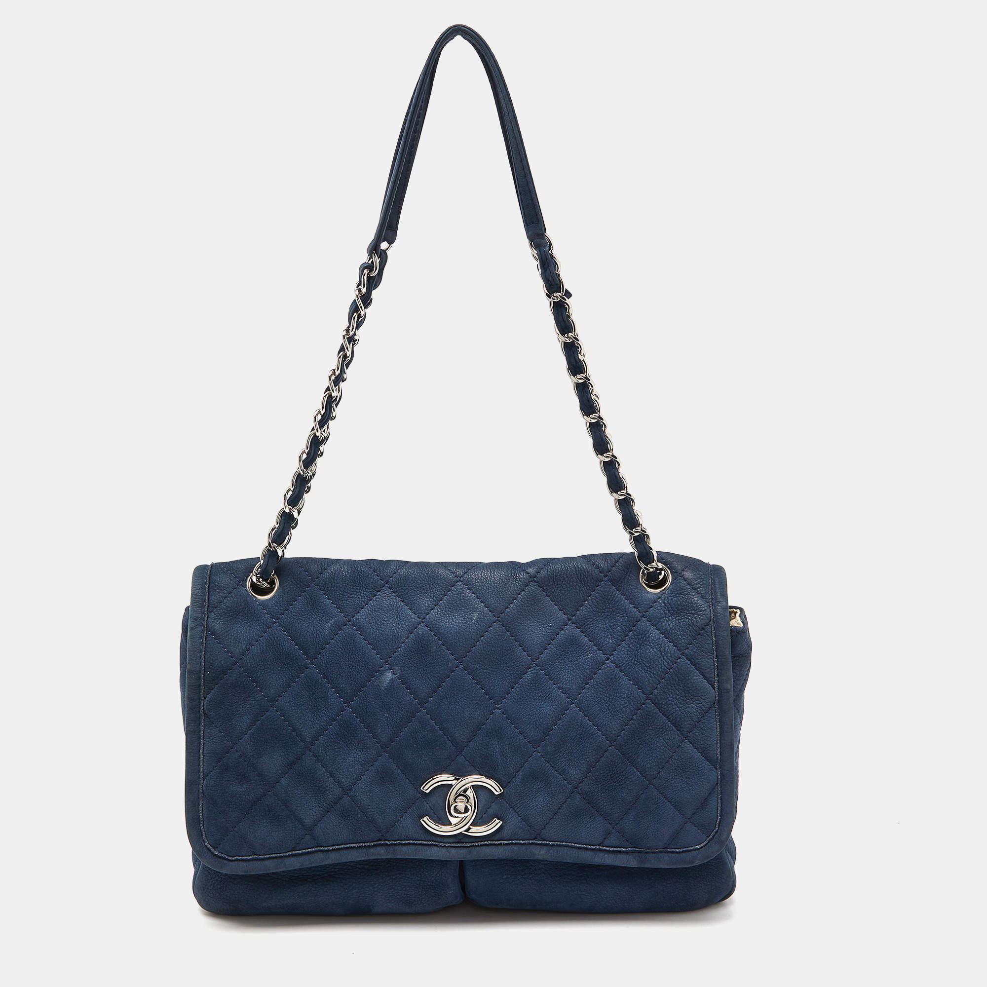 Chanel Blue Quilted Nubuck Leather Large Split Pocket Flap Bag