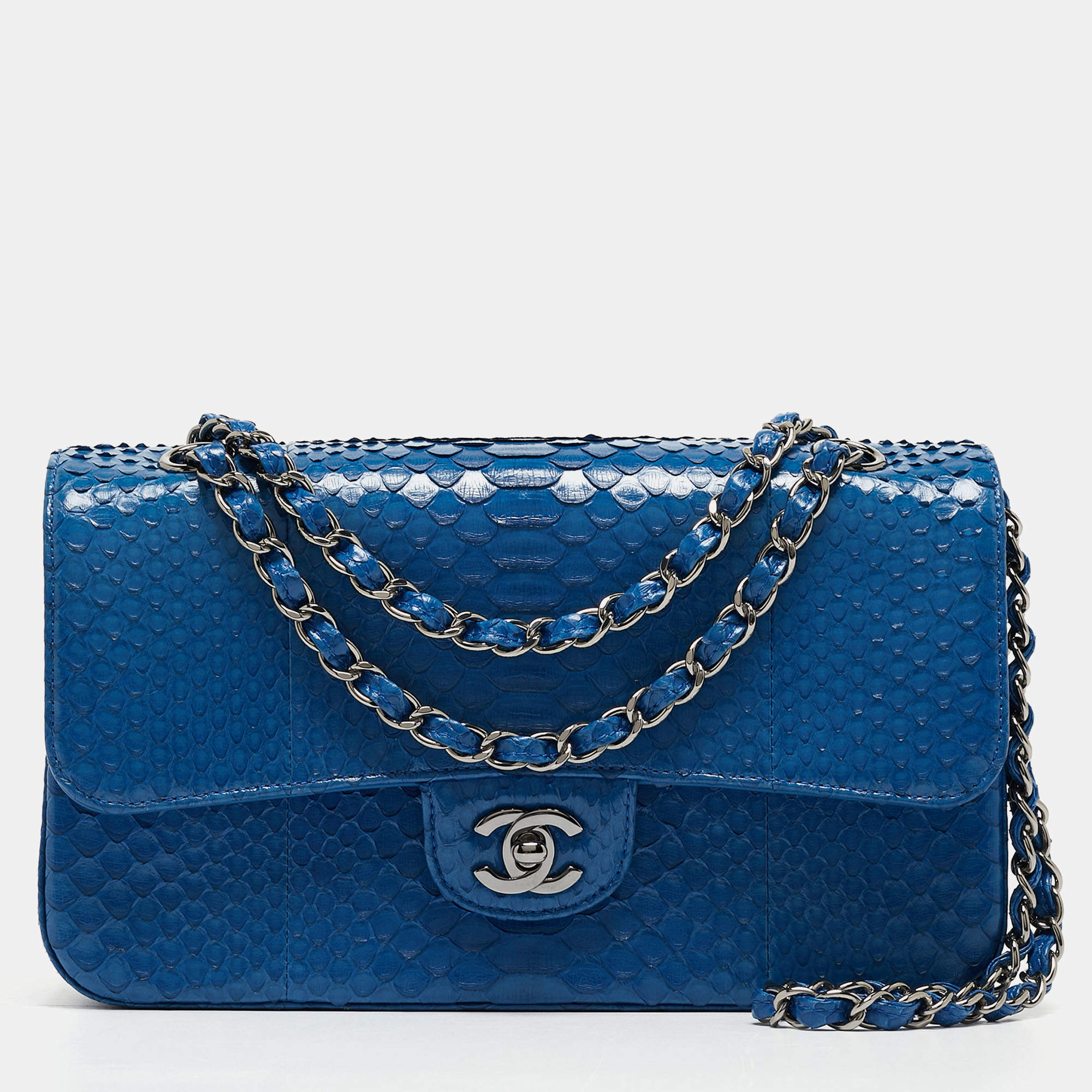 Pre Owned Chanel Blue Python Medium Classic Double Flap Bag