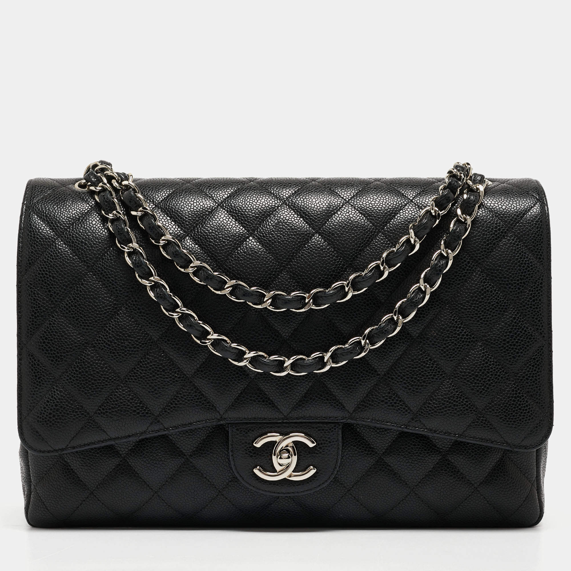 Pre Owned Chanel Black Quilted Caviar Leather Maxi Classic Double Flap Bag