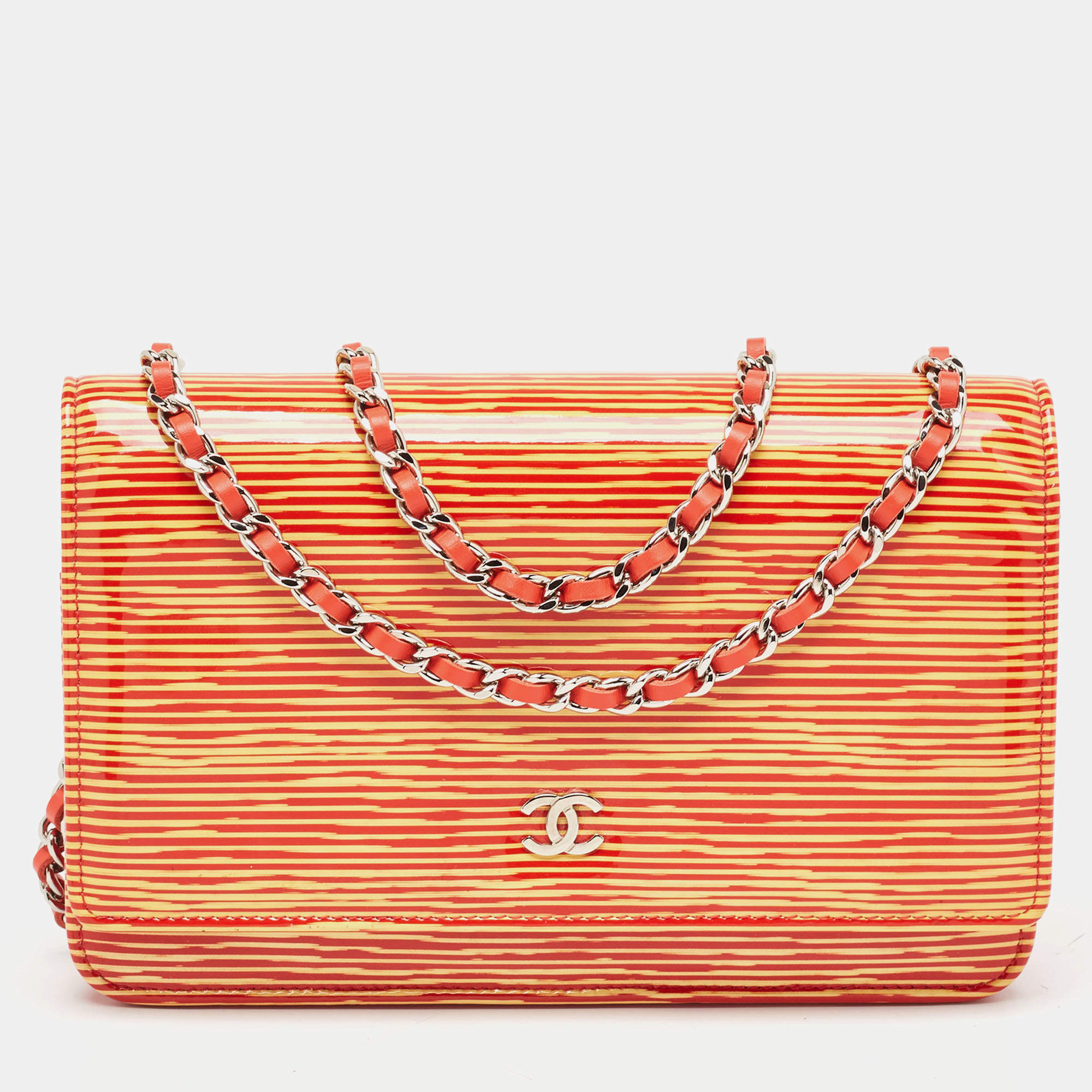 Chanel Orange/Yellow Stripe Patent and Leather CC Wallet On Chain 