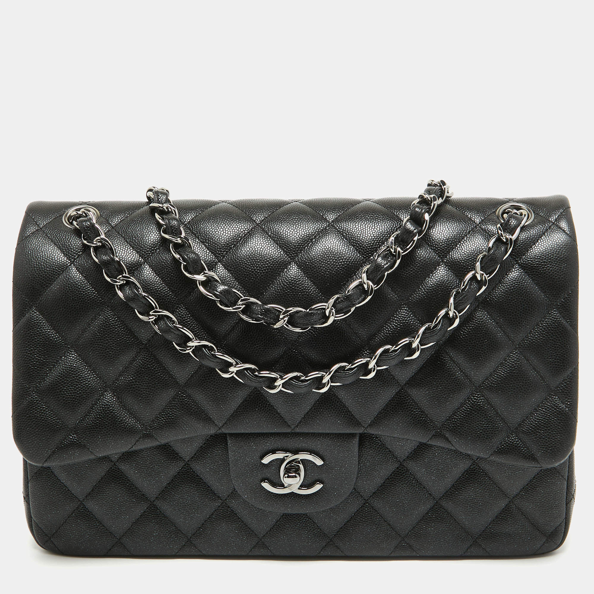 Pre Owned  Chanel Black Quilted Caviar Leather Jumbo Classic Double Flap Bag