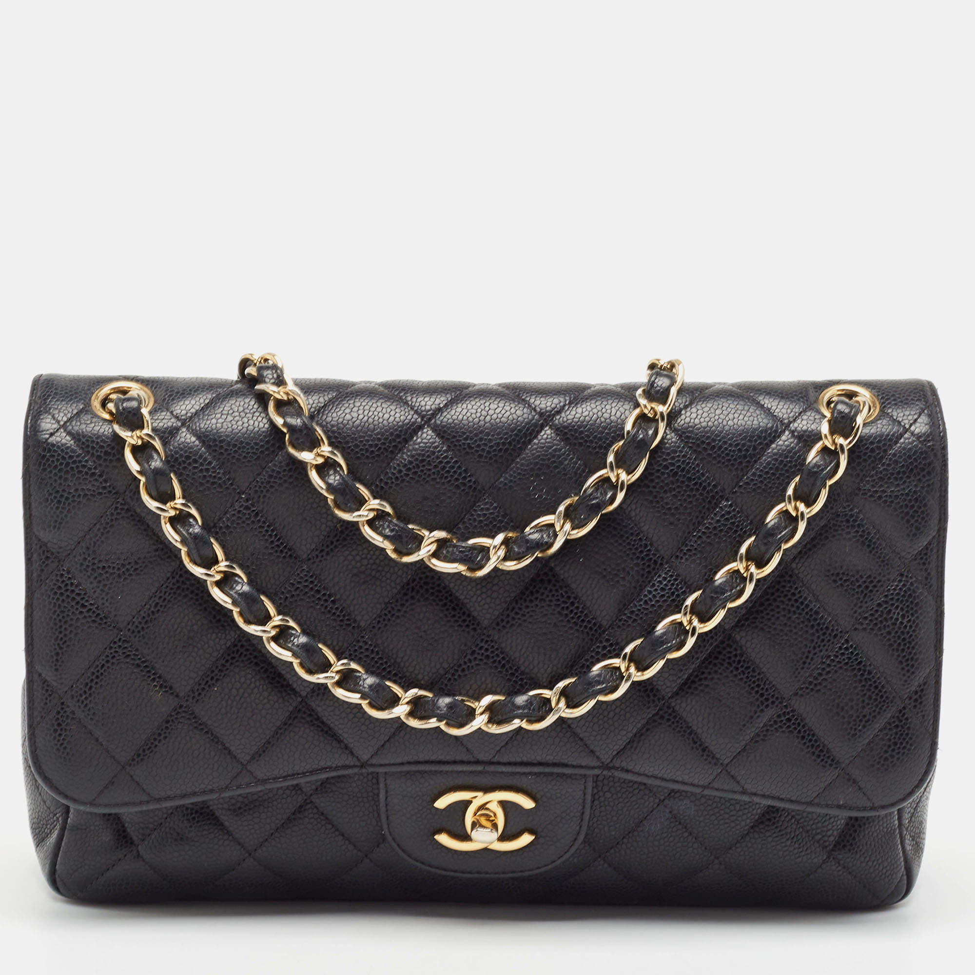 Pre Owned Chanel Black Quilted Caviar Leather Jumbo Classic Double Flap Bag