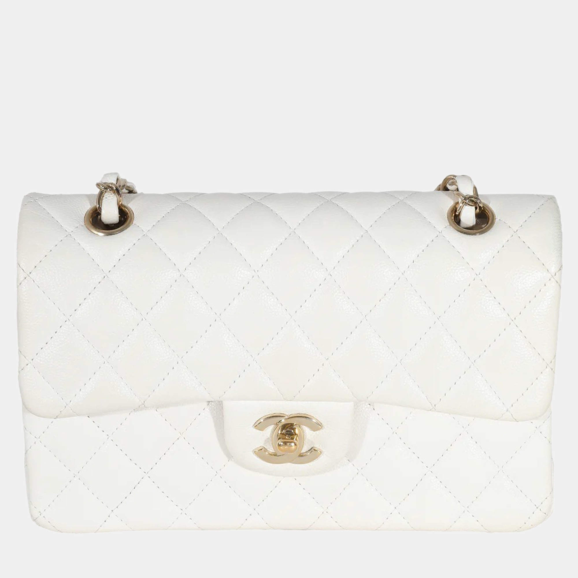 Chanel White Quilted Caviar Small Classic Double Flap Bag  