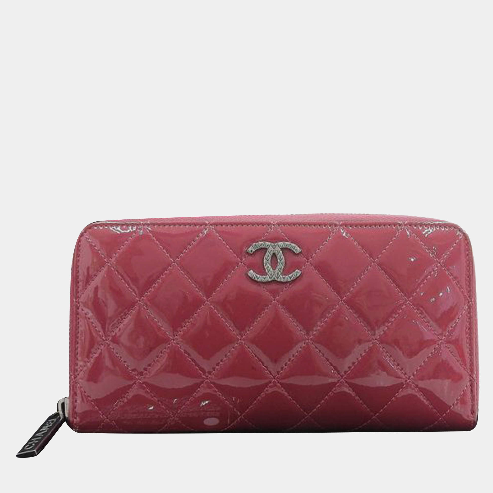 Chanel Pink Leather CC Patent Zip Around Long Wallet