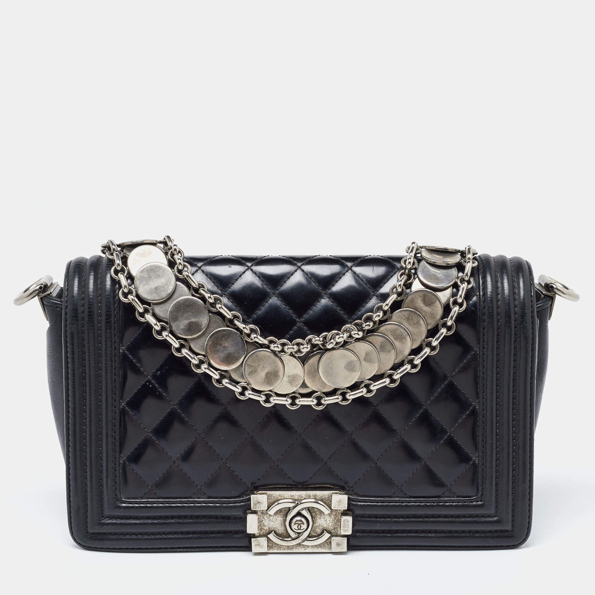 Pre Owned Chanel Black Quilted Patent Leather Medium Boy Bag