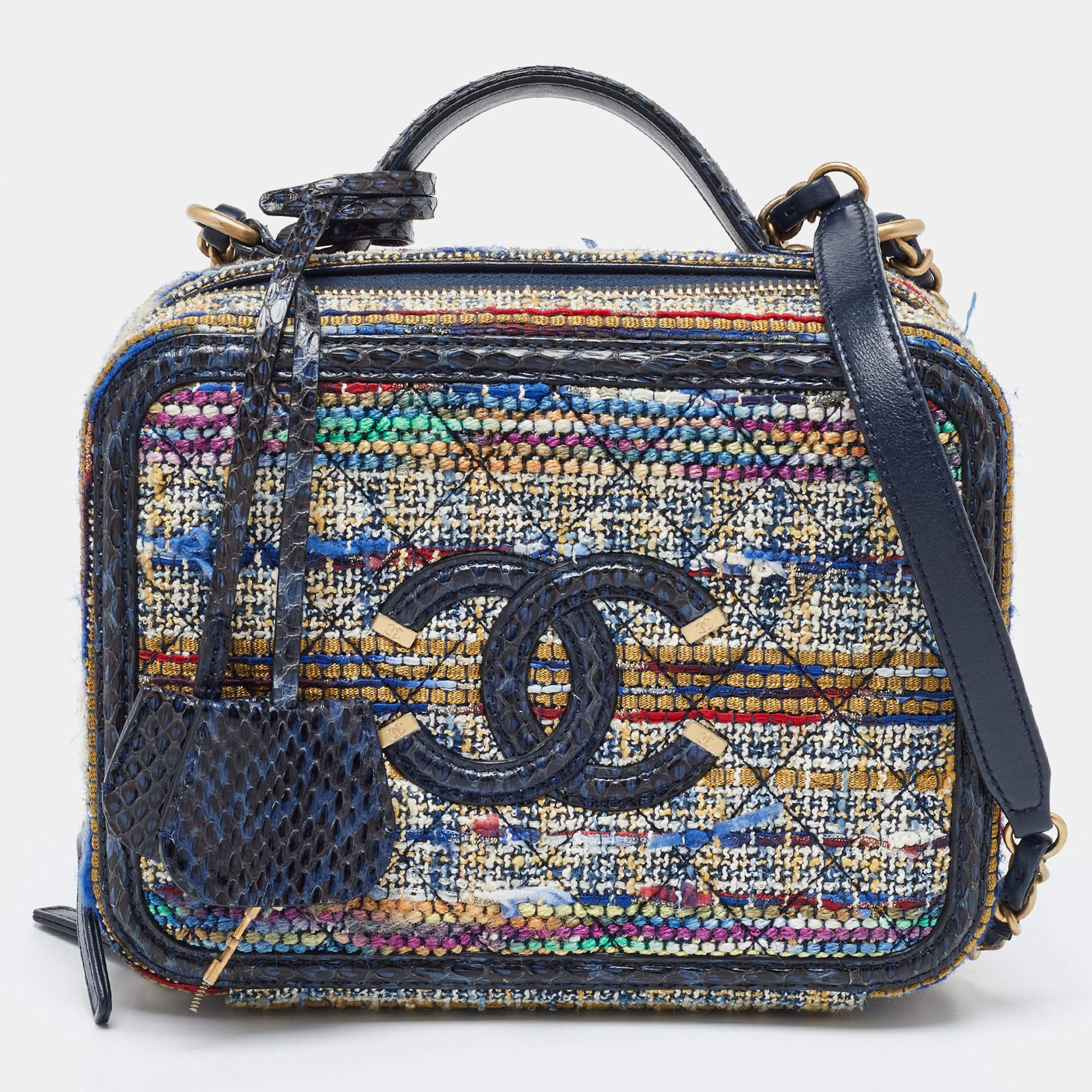 Pre Owned Chanel Multicolor Quilted Tweed and Python Medium CC Filigree Vanity Case Bag