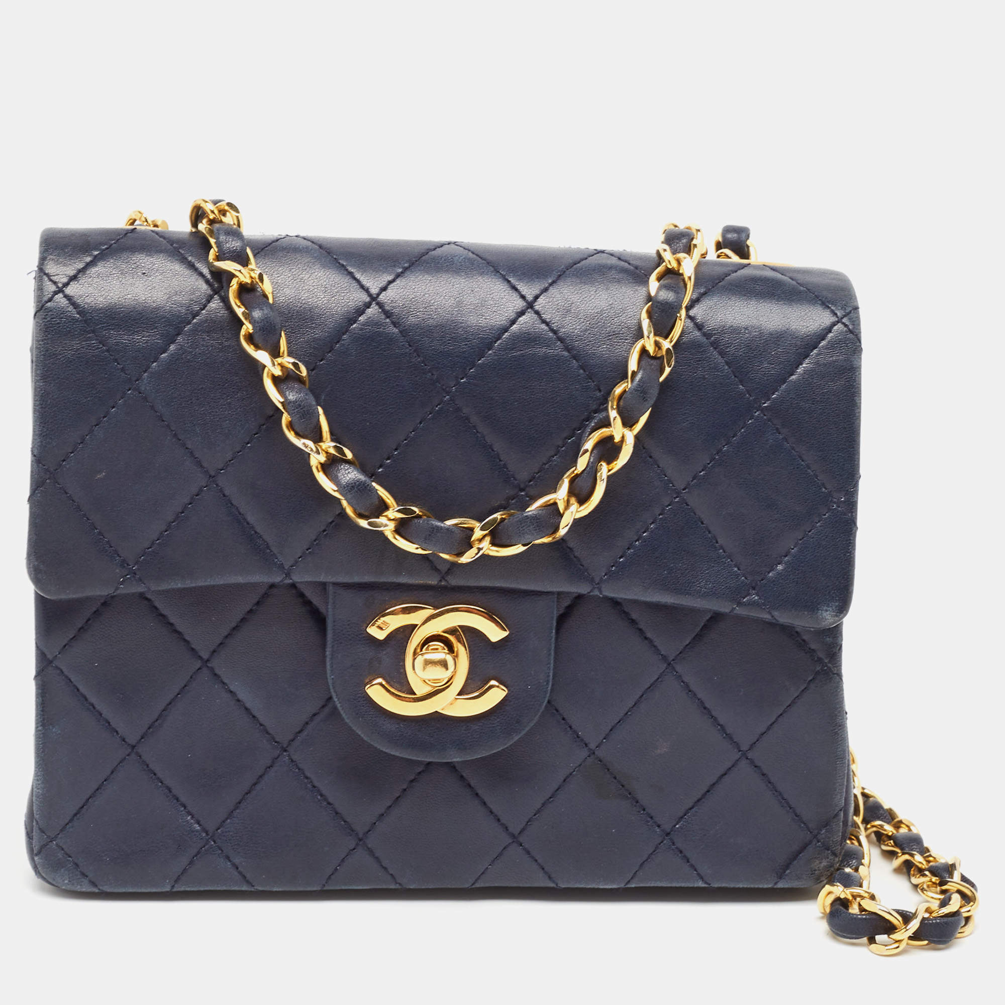 Pre Owned Chanel Navy Blue Quilted Leather Mini Vintage Square Flap Bag
