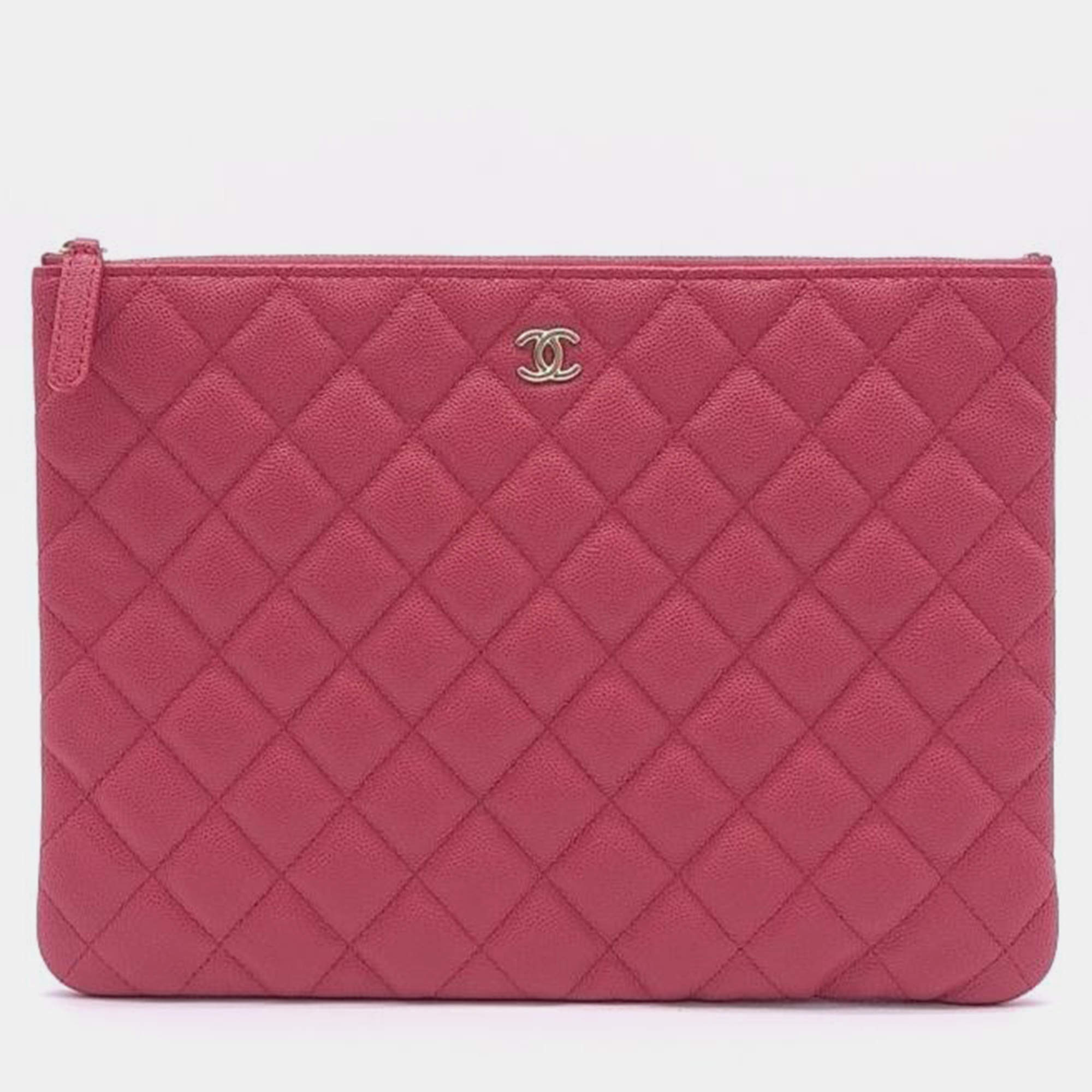 Pre Owned Chanel Pink Caviar Leather Quilted O-Case Pouch