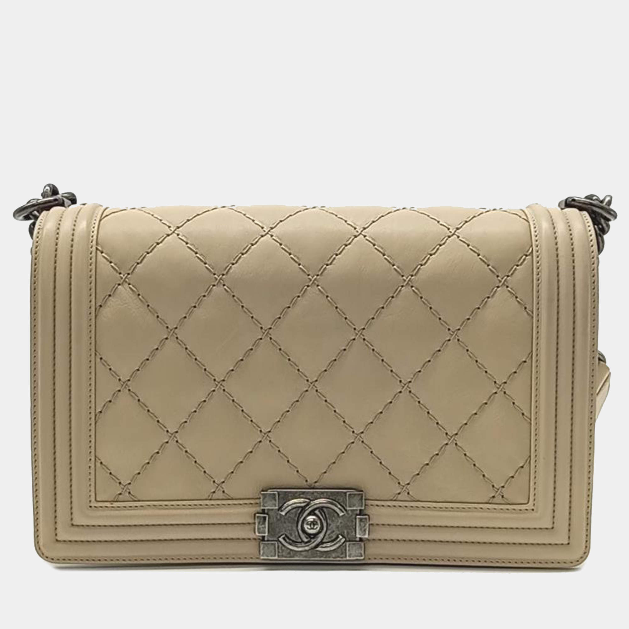 Pre Owned Chanel Beige Leather Medium Stitch Boy Bag