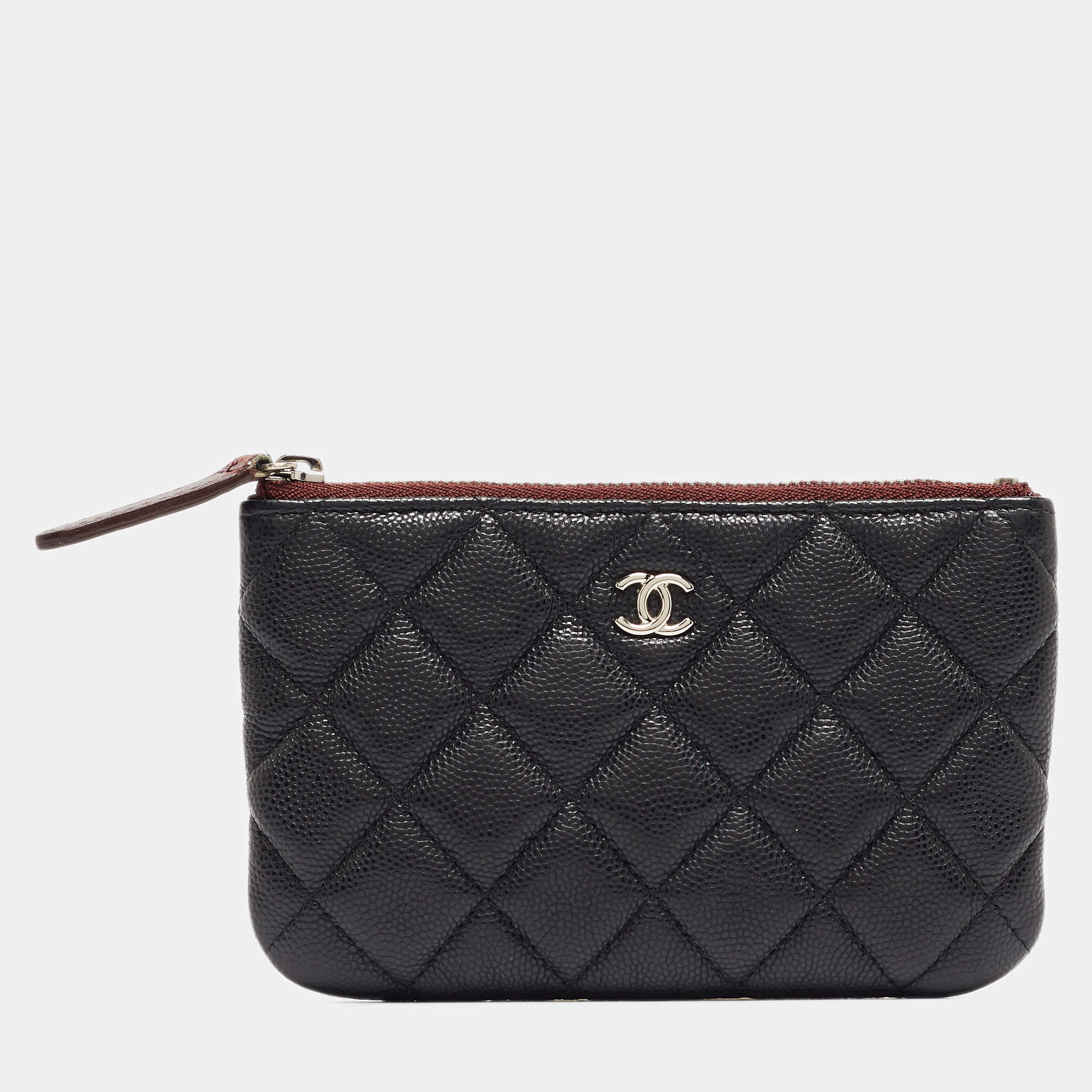 Pre Owned Chanel Black Quilted Caviar Leather Mini O-Case Zip Pouch