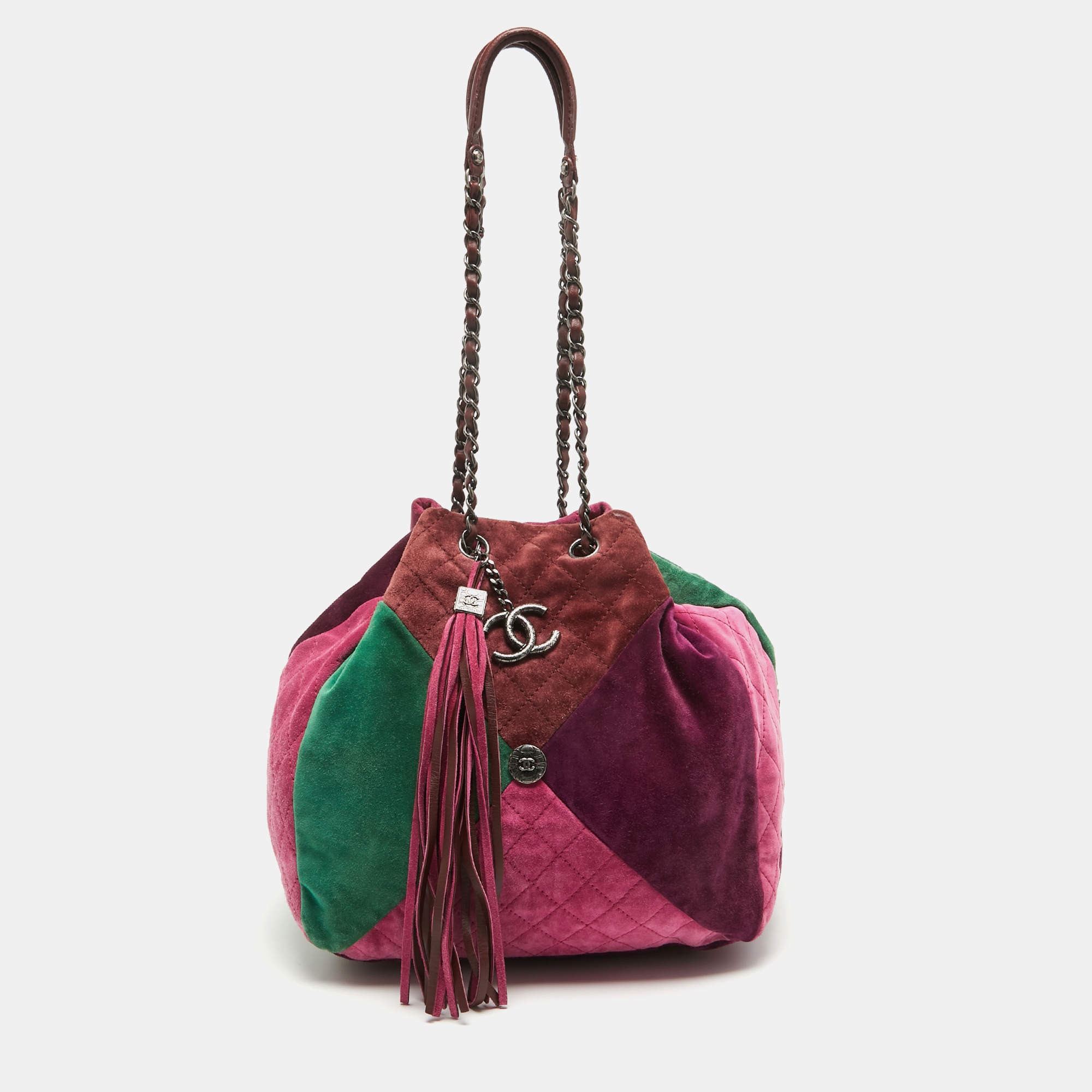 Chanel Multicolor Quilted Suede Patchwork Drawstring Bucket Bag