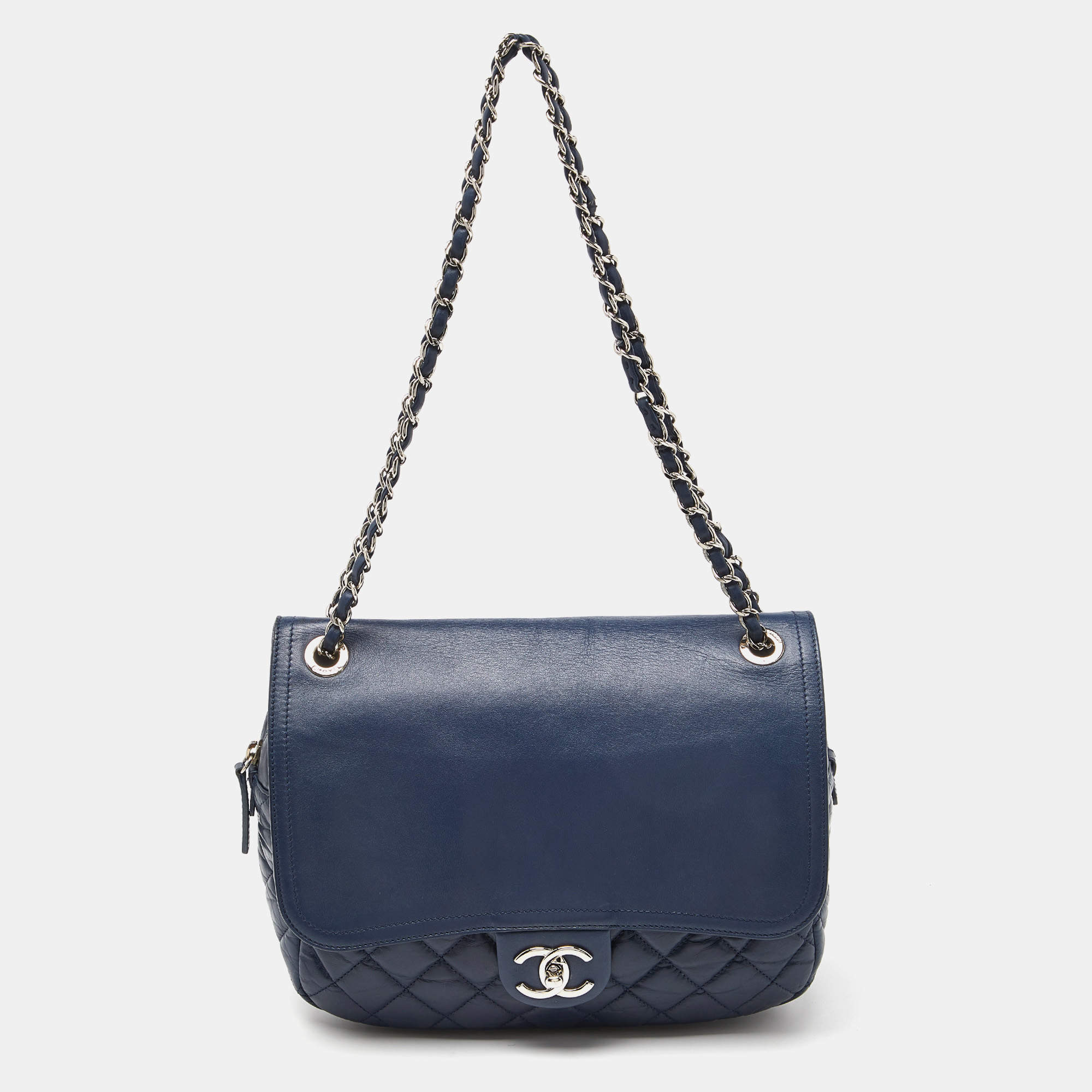 Pre Owned Chanel Blue Quilted Aged Leather Flap Shoulder Bag