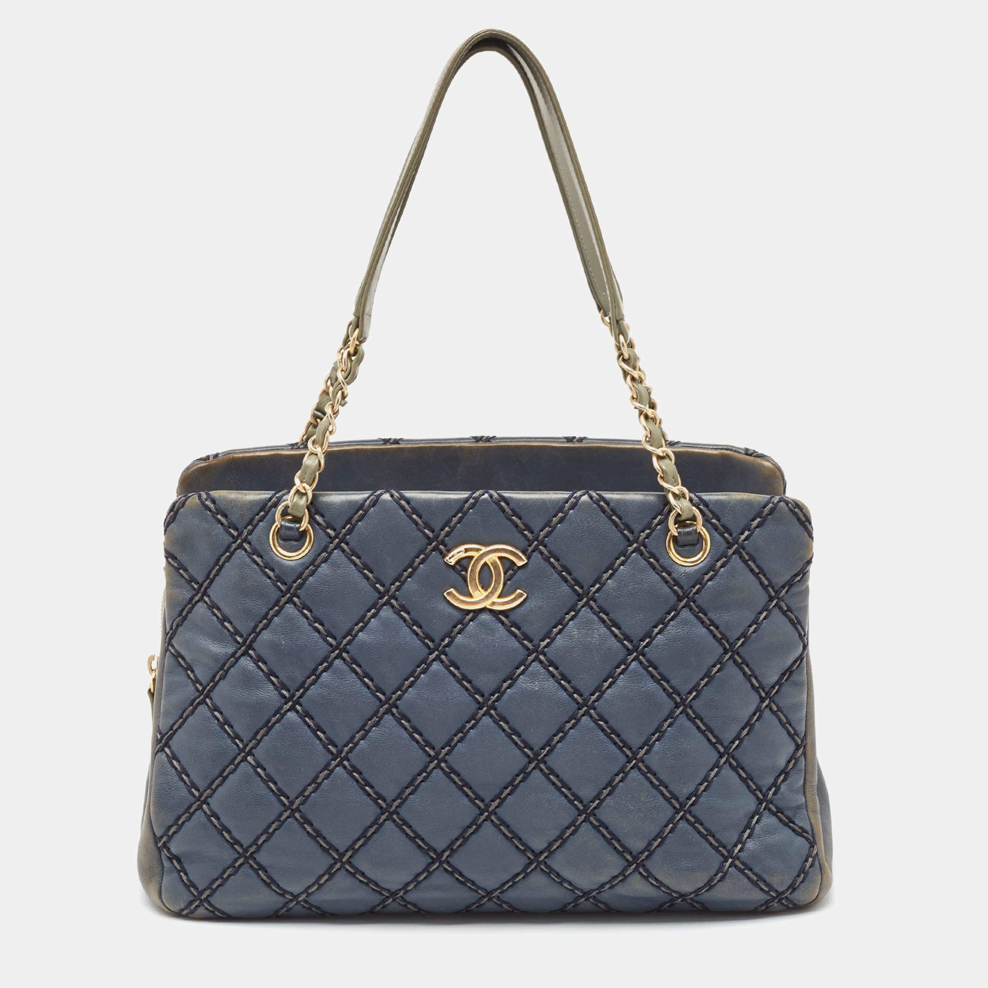 Pre Owned Chanel Blue Quilted Wild Stitched Leather Chain Tote