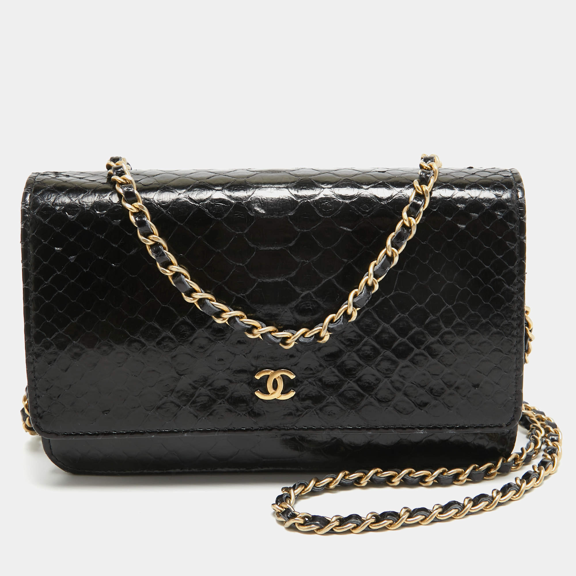 Pre Owned Chanel Black Python Classic Wallet on Chain