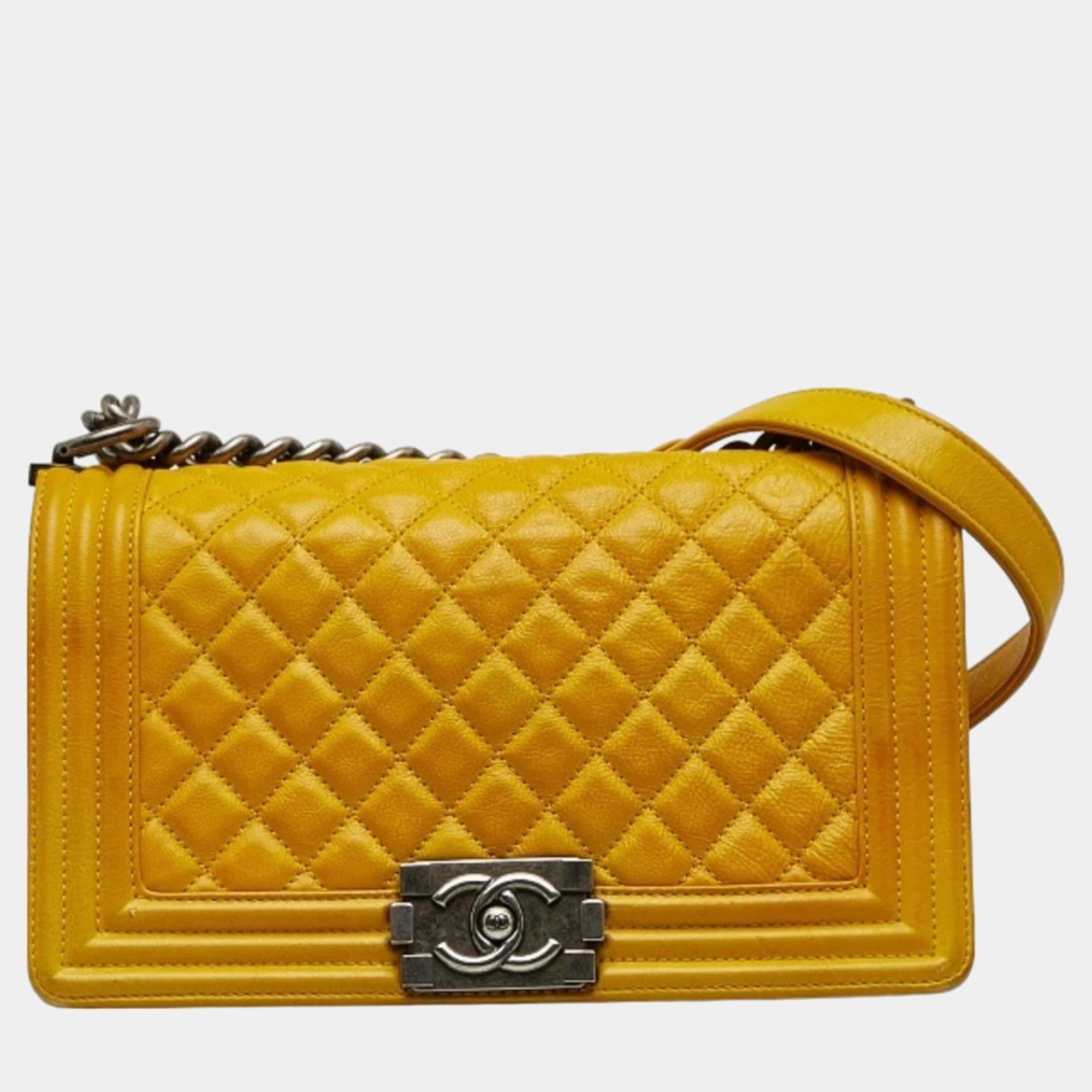 Chanel Yellow Caviar Leather Medium Boy Shoulder Bag
