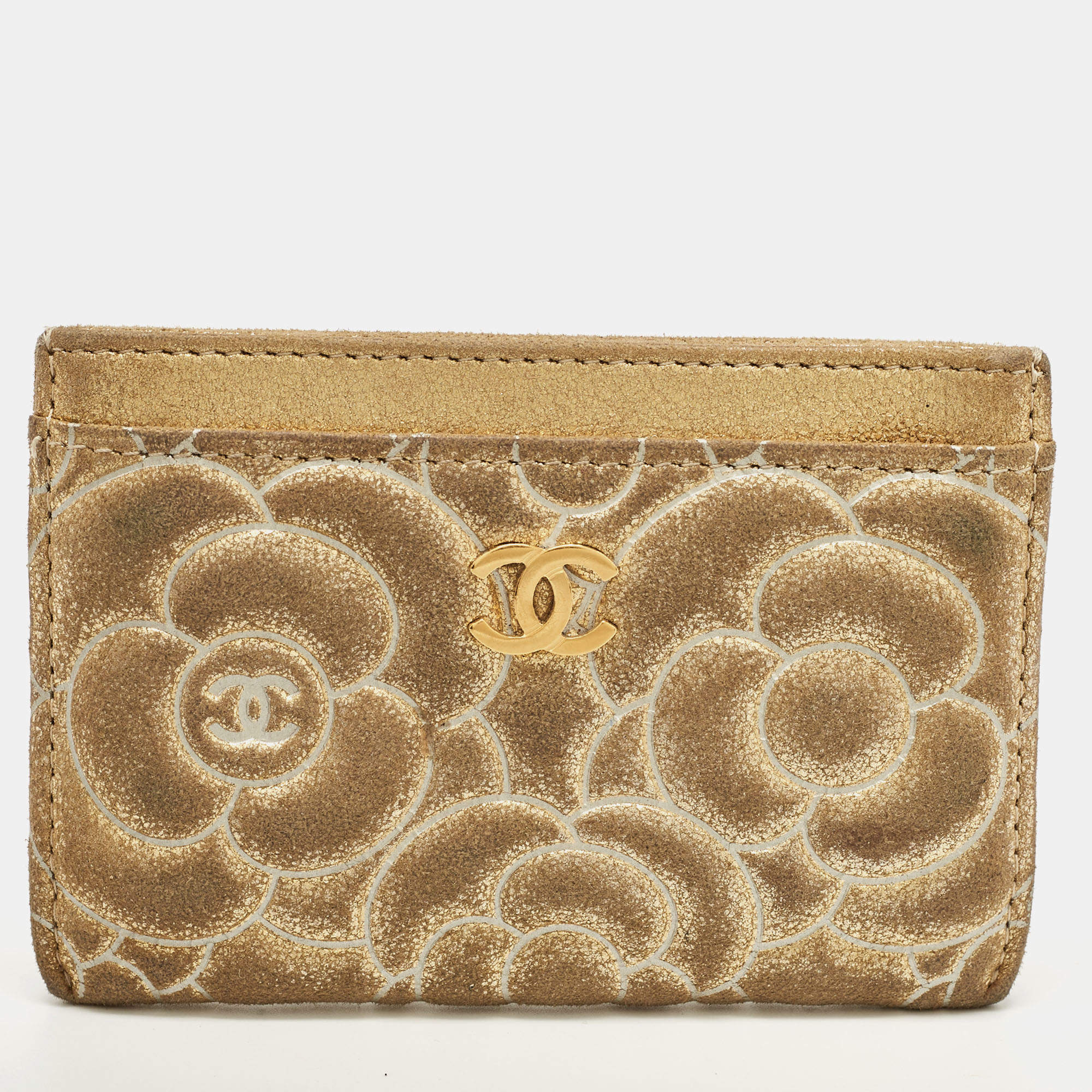Chanel Gold Suede Camellia Embossed Classic Card Holder
