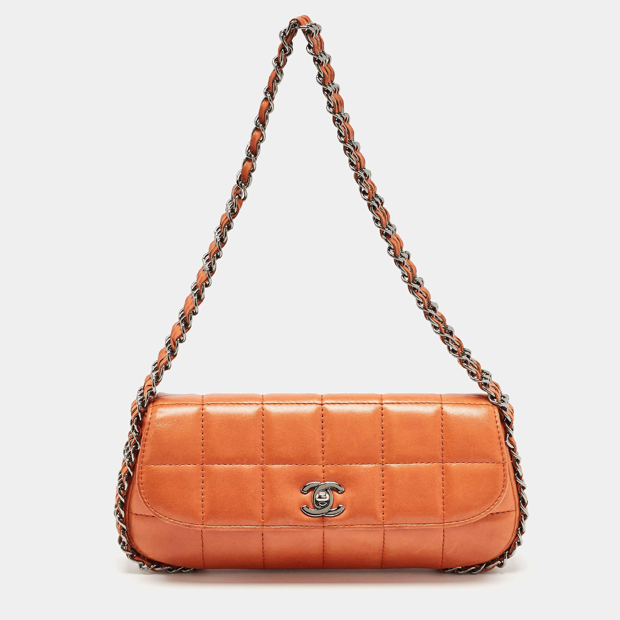 Pre Owned Chanel Orange Chocolate Bar Leather Triple Chain Flap Bag