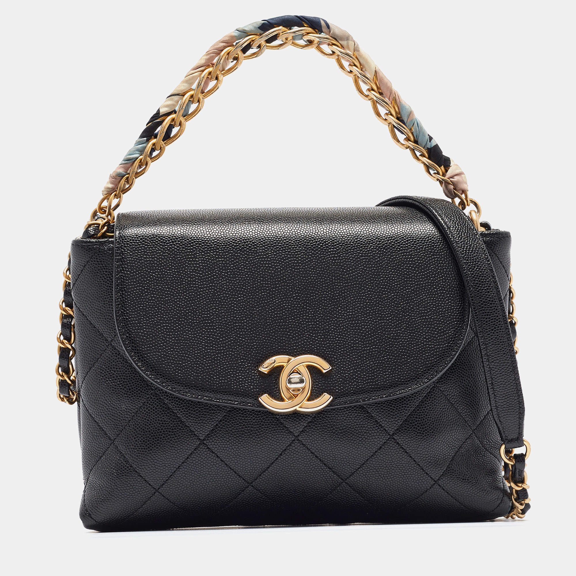 Pre Owned Chanel Black Quilted Leather CC Chain Scarf Top Handle Bag