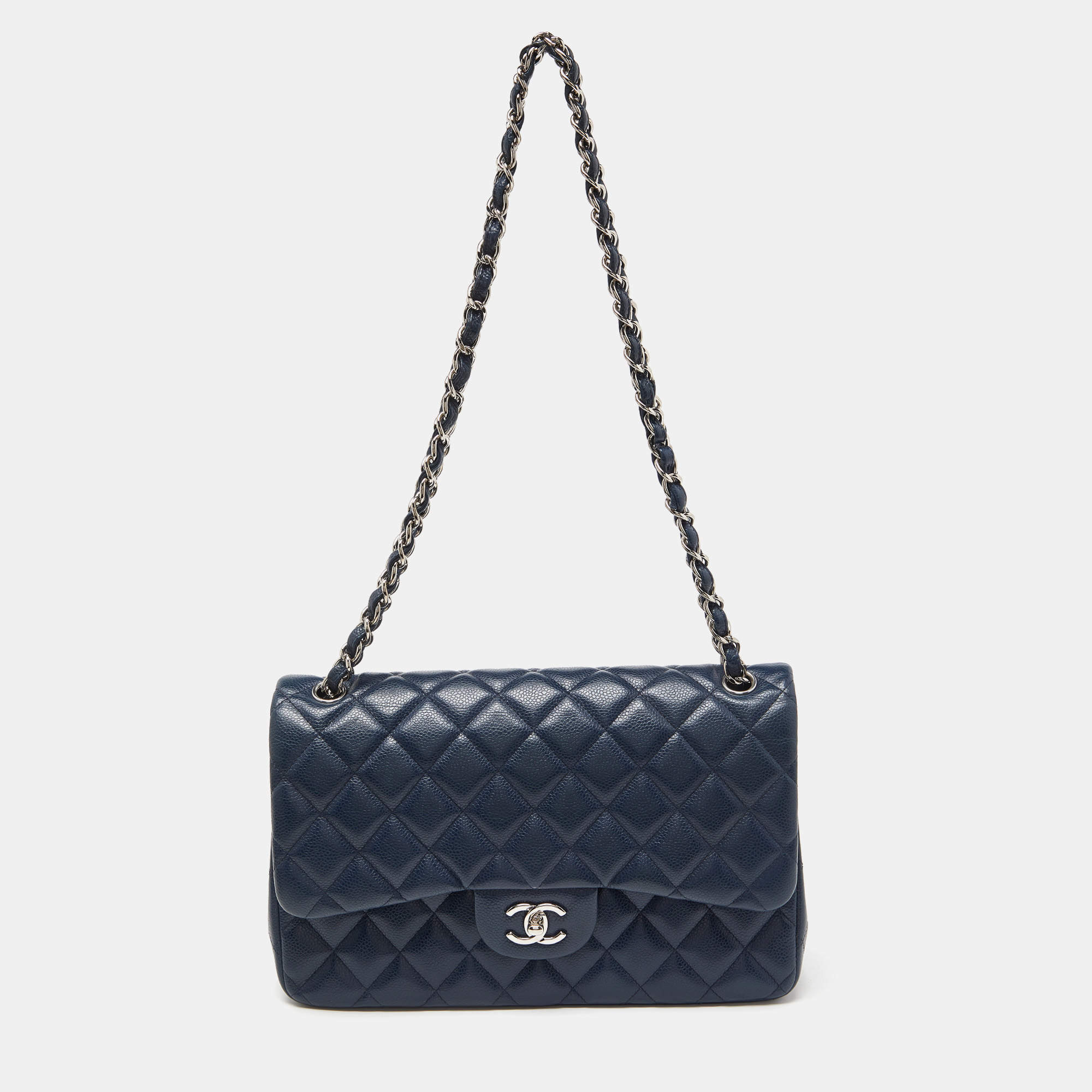 Pre Owned Chanel Blue Quilted Caviar Leather Jumbo Classic Double Flap Bag