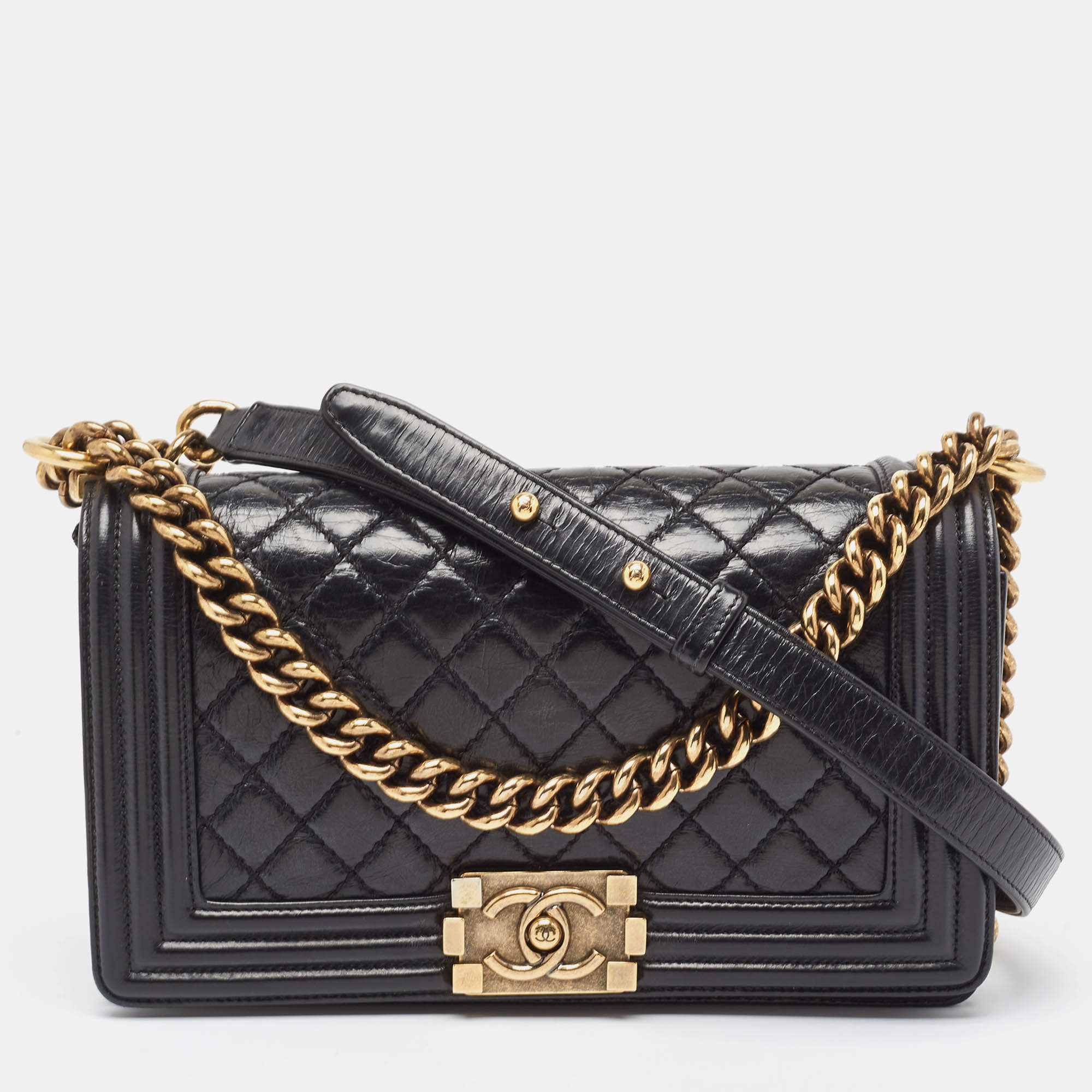 Chanel Black Quilted Glossy Leather Medium Boy Flap Bag