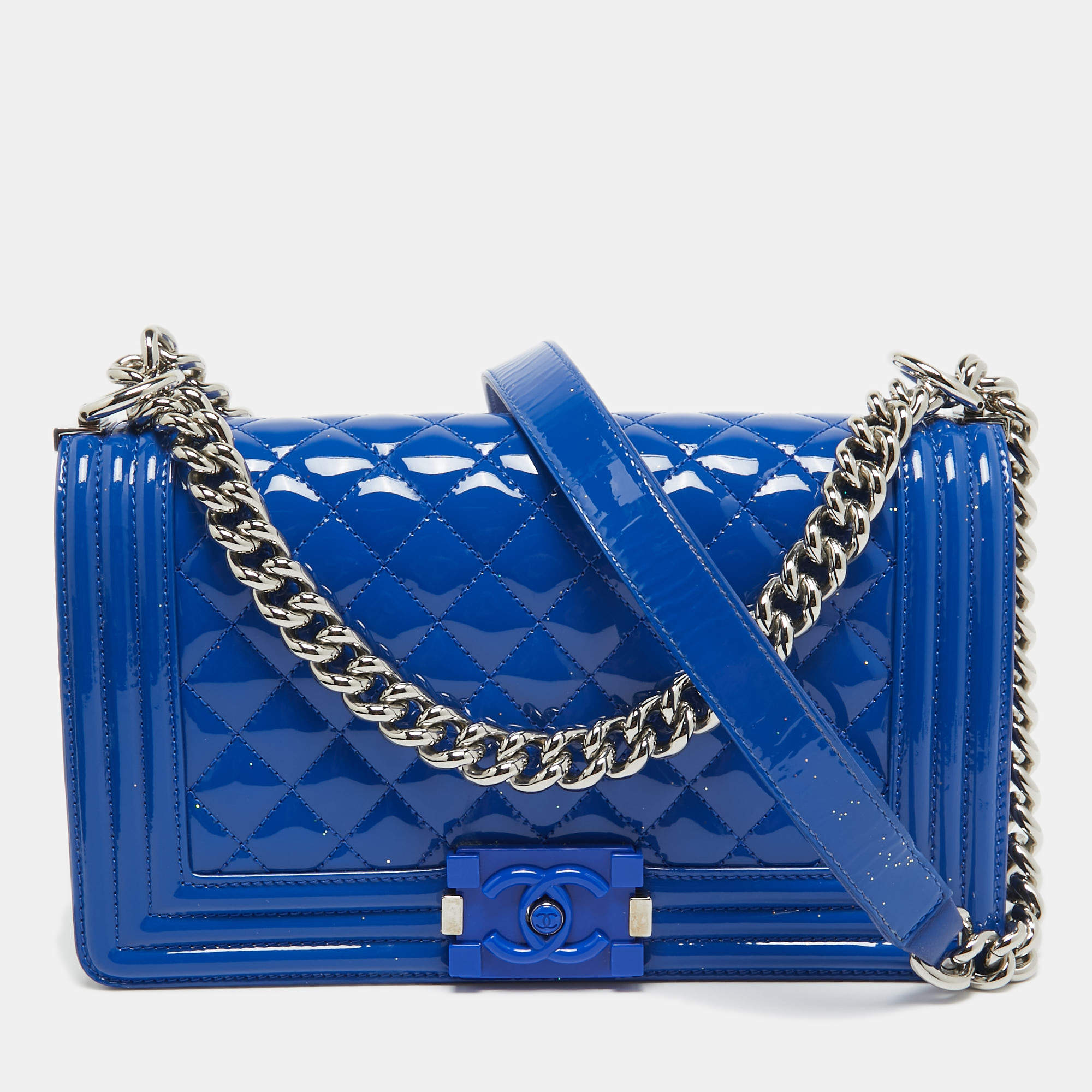 Pre Owned Chanel Blue Quilted Patent Leather Medium Boy Flap Bag