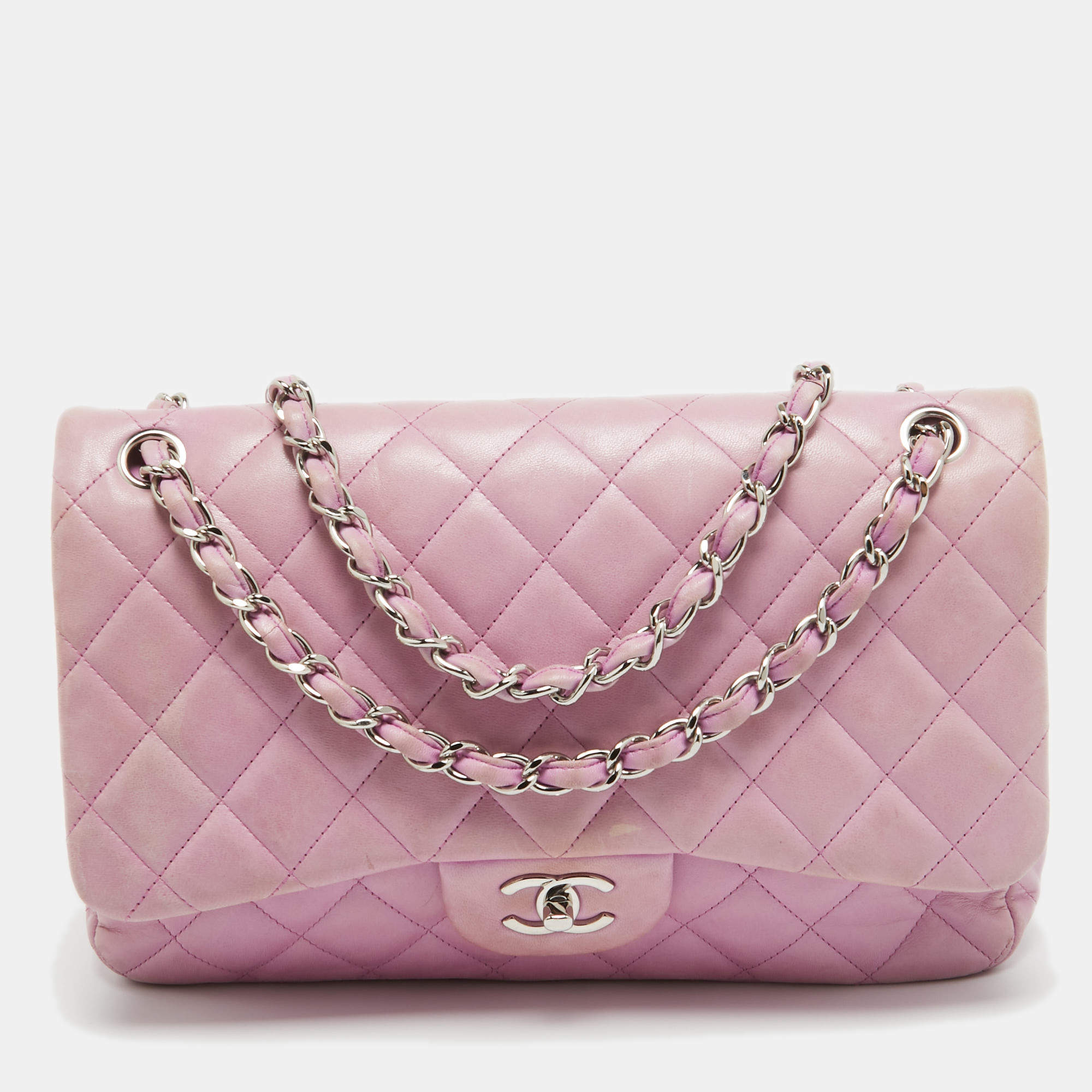 Pre Owned Chanel Lilac Quilted Lambskin Leather Jumbo Classic Double Flap Bag