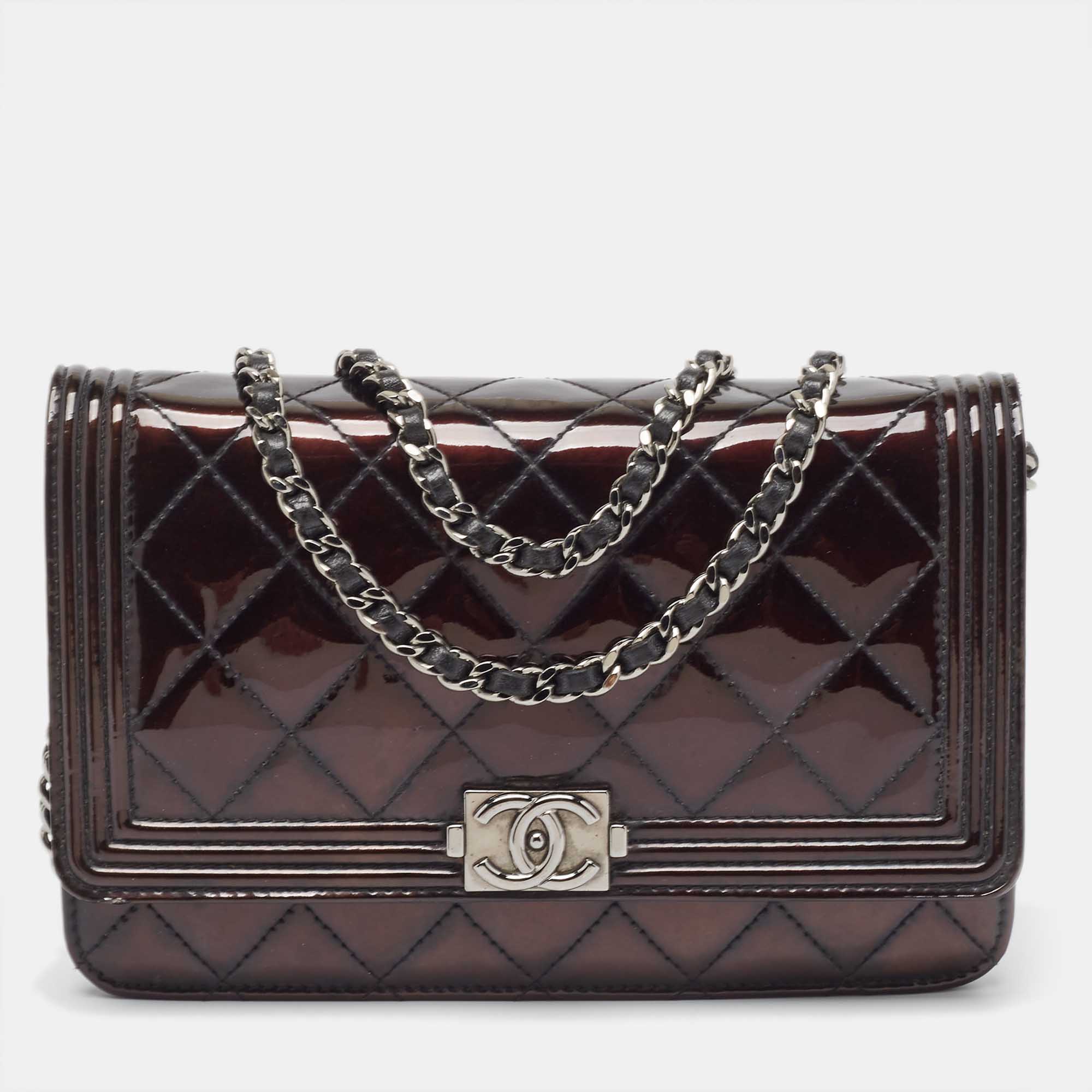 Chanel Metallic Black Quilted Patent Leather Boy Wallet on Chain