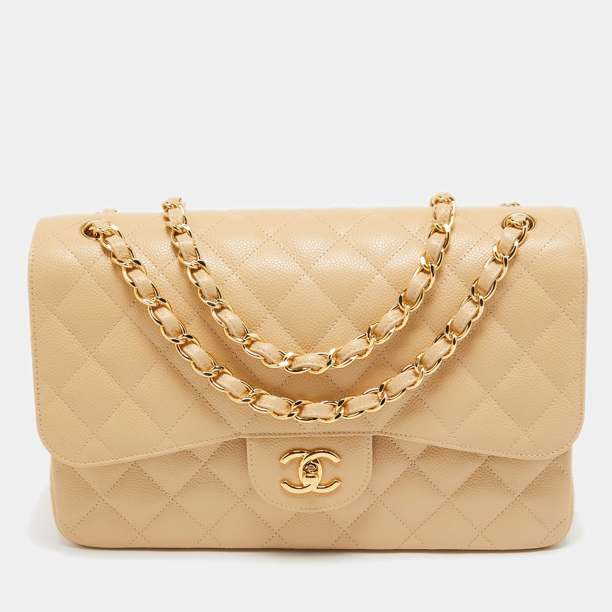 Pre Owned Chanel Beige Quilted Caviar Leather Jumbo Classic Double Flap Bag
