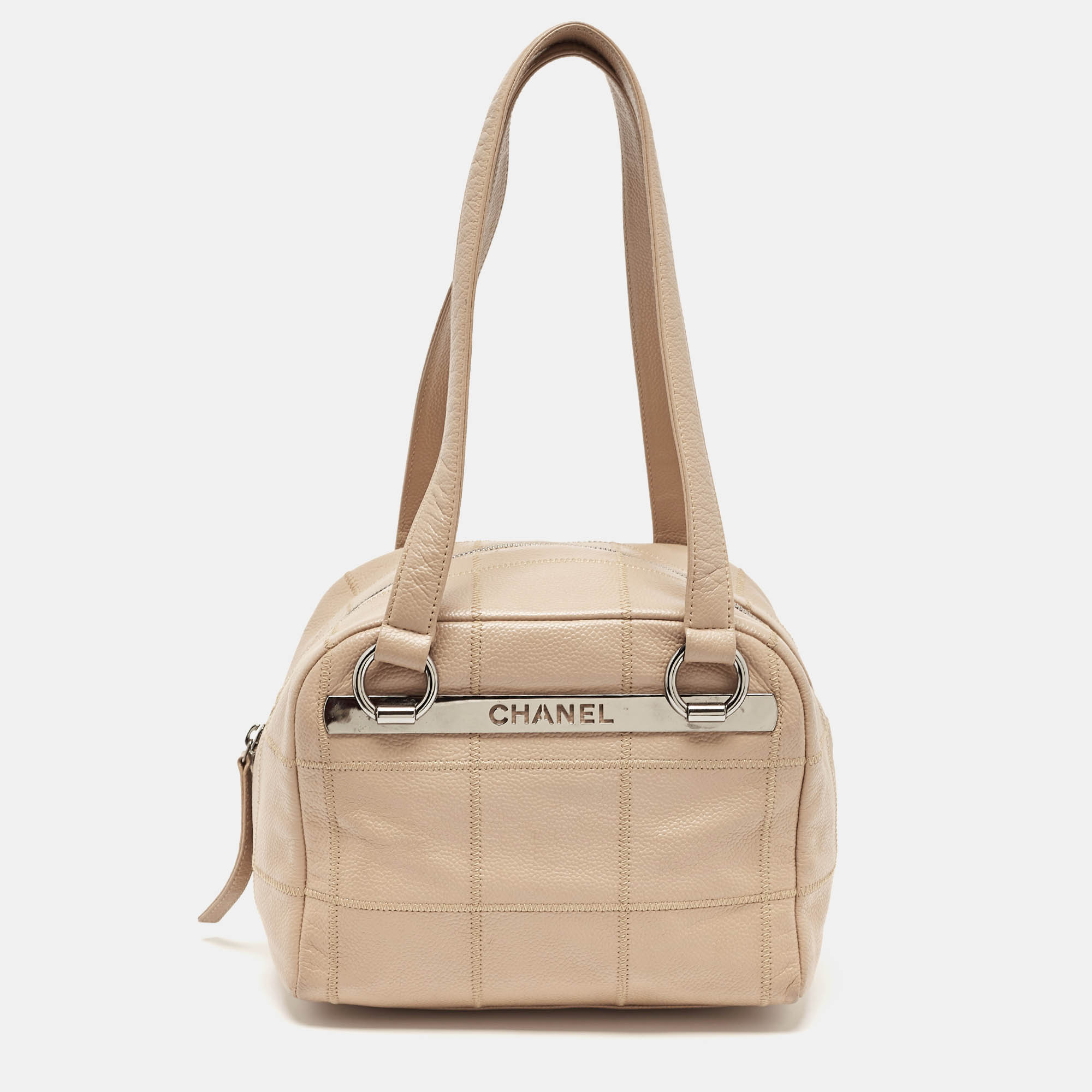 Pre Owned Chanel Beige Square Quilt Caviar Leather LAX Bowler Bag