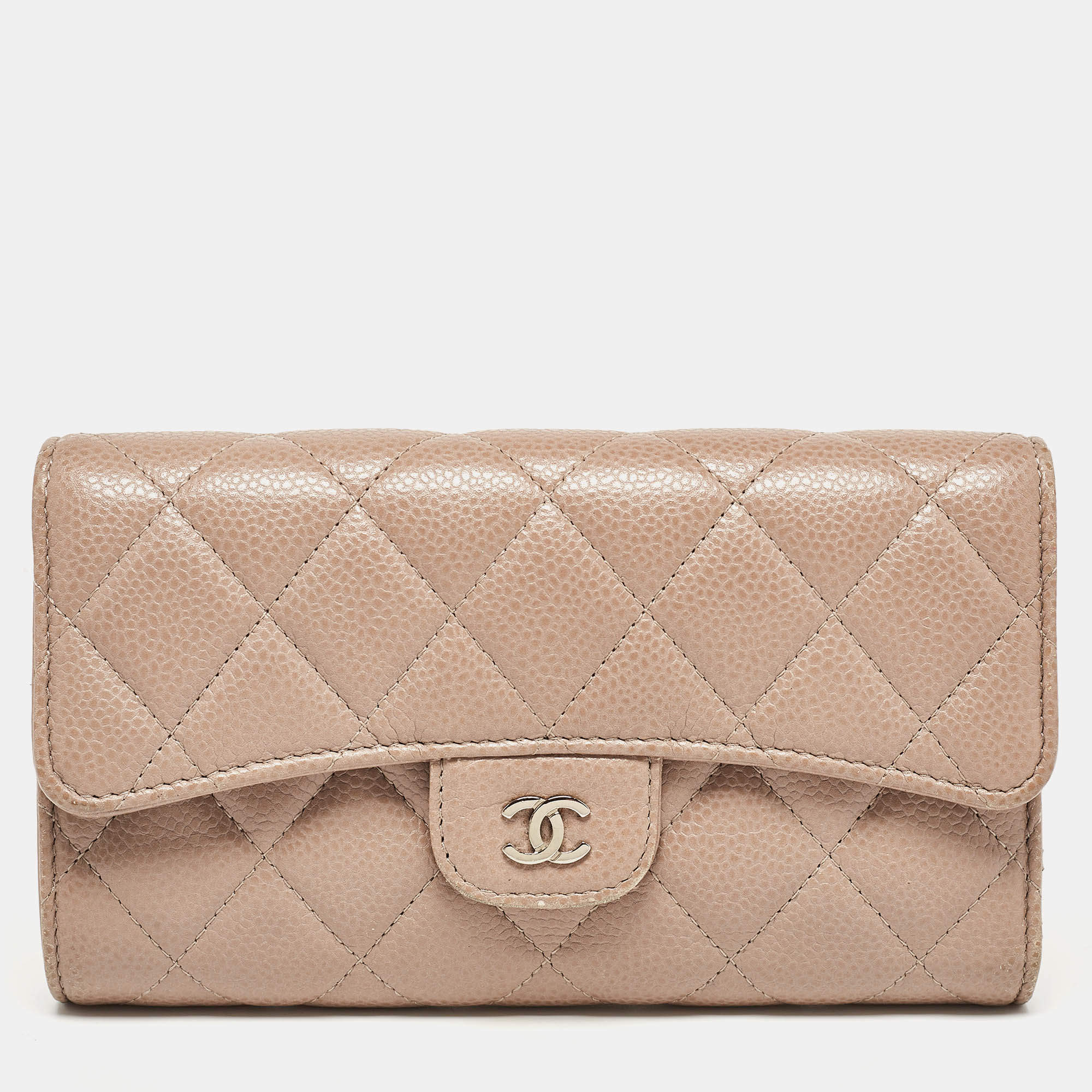 Chanel Beige Quilted Caviar Leather CC Trifold Continental Wallet